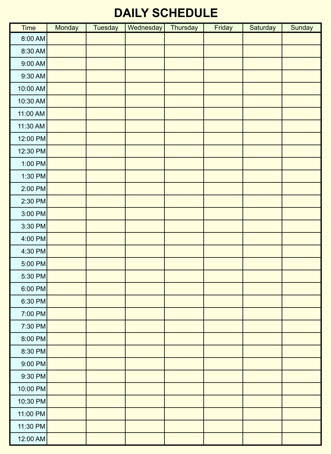 24 Hour Time Schedule Template