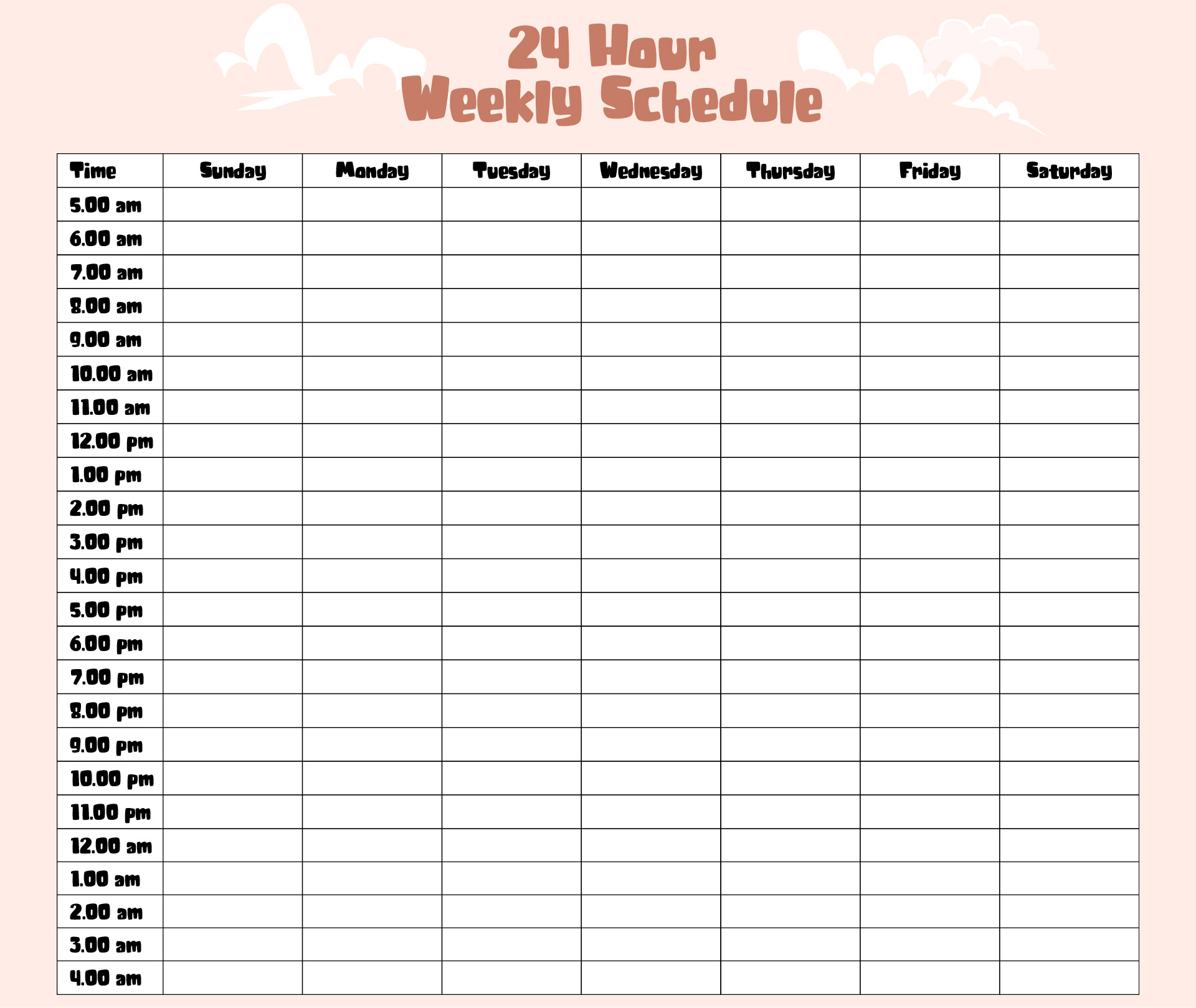 24 Hour Schedule Template Excel