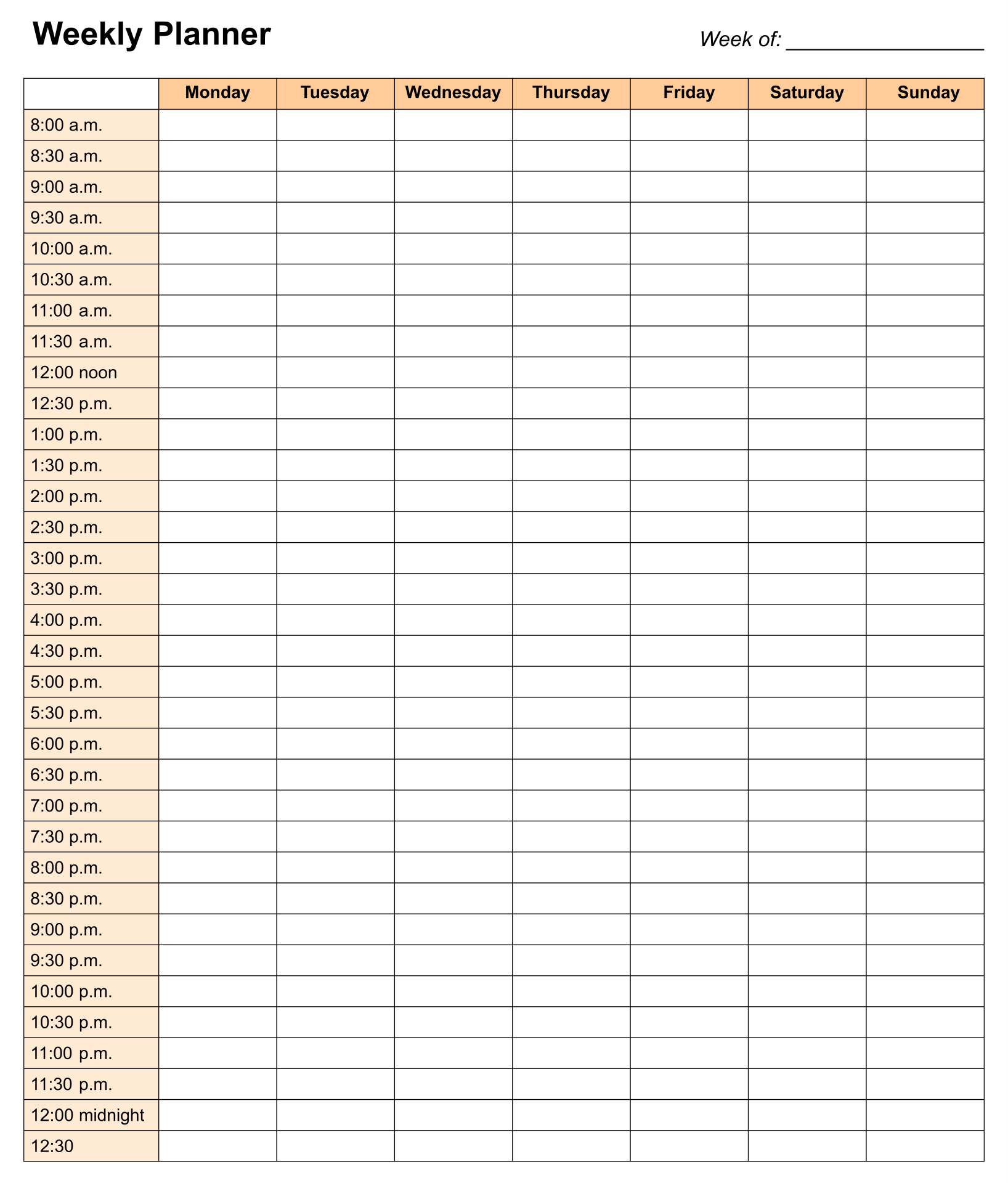 24 Hour Weekly Schedule Printable
