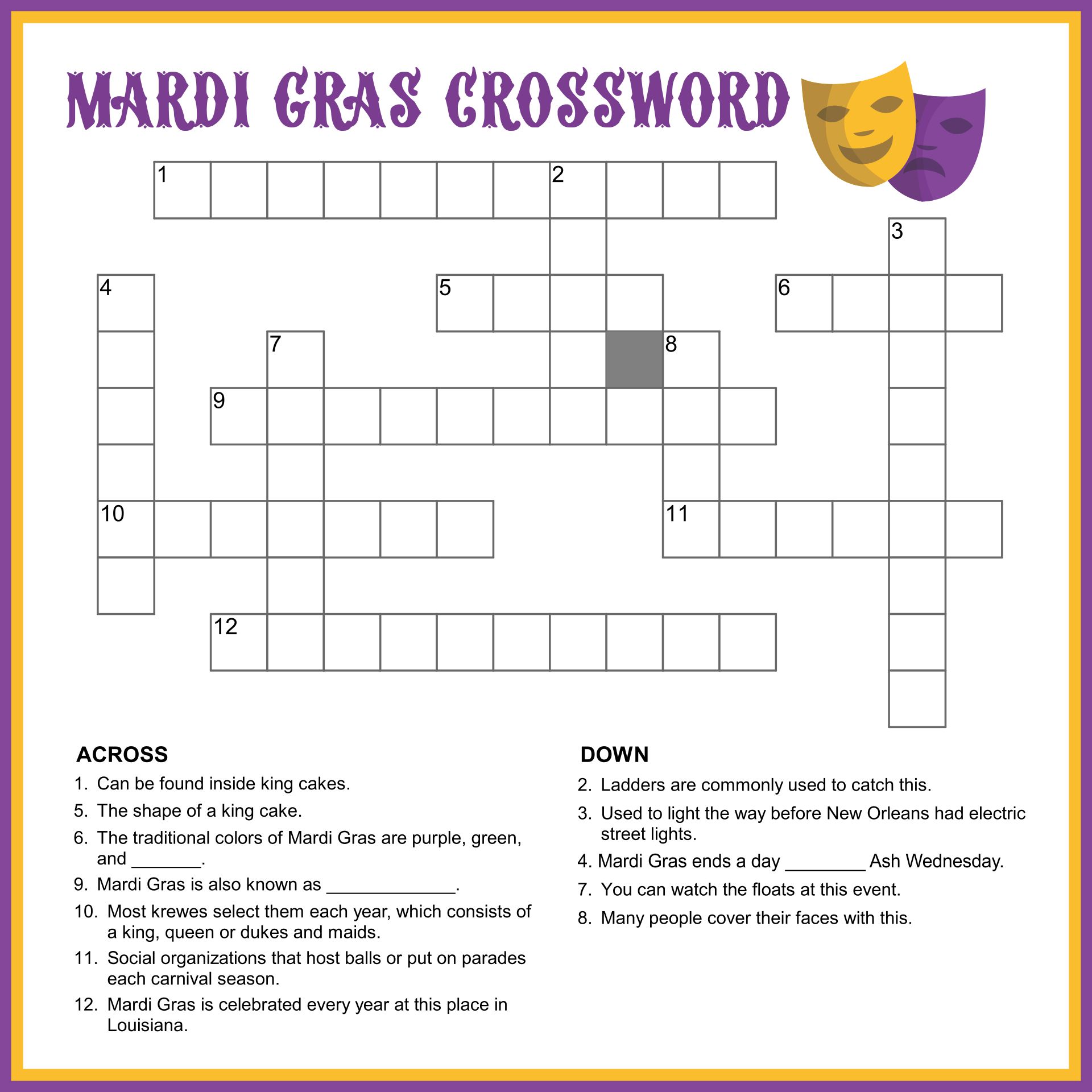 Mardi Gras Crossword Puzzle