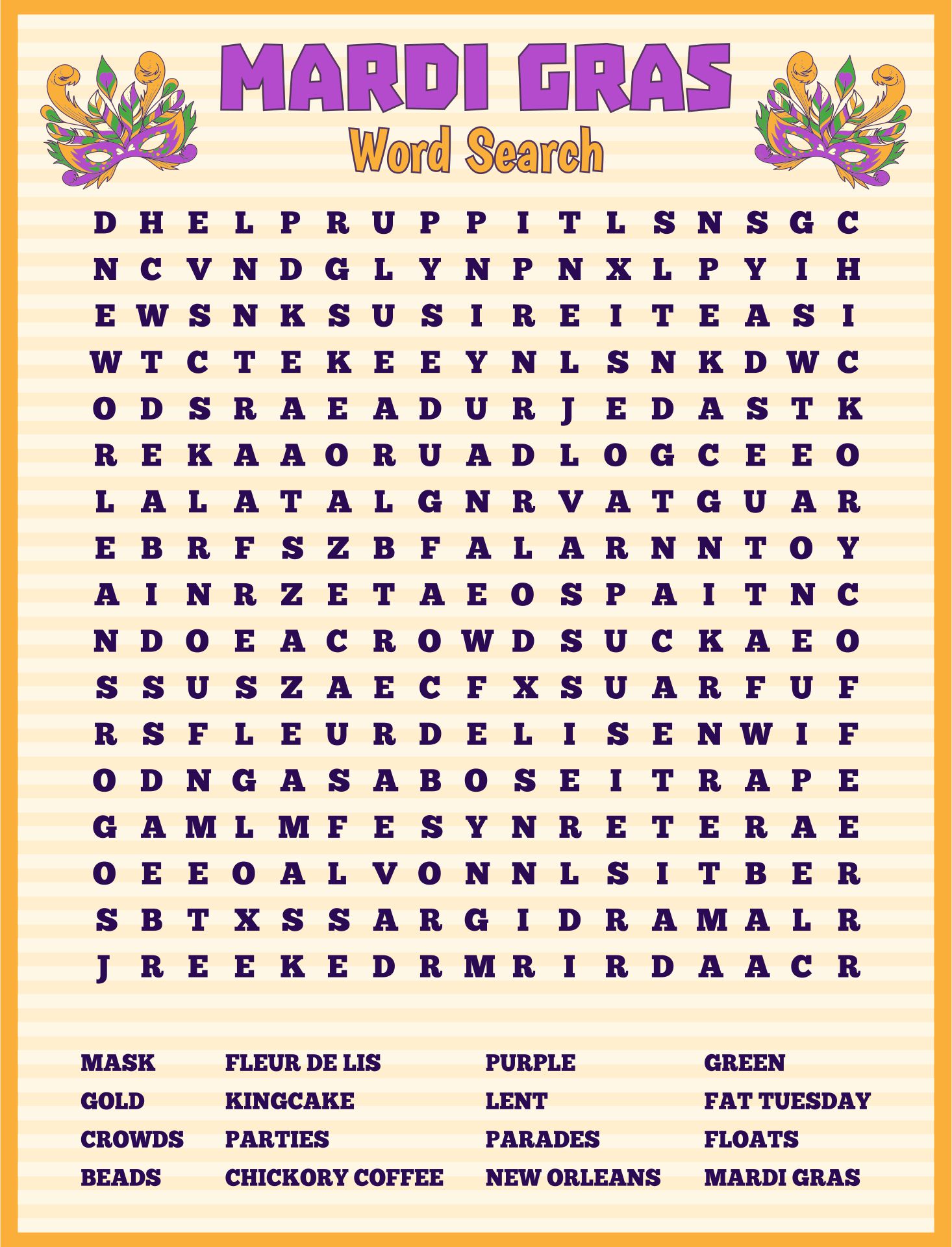 Mardi Gras Crossword Printable