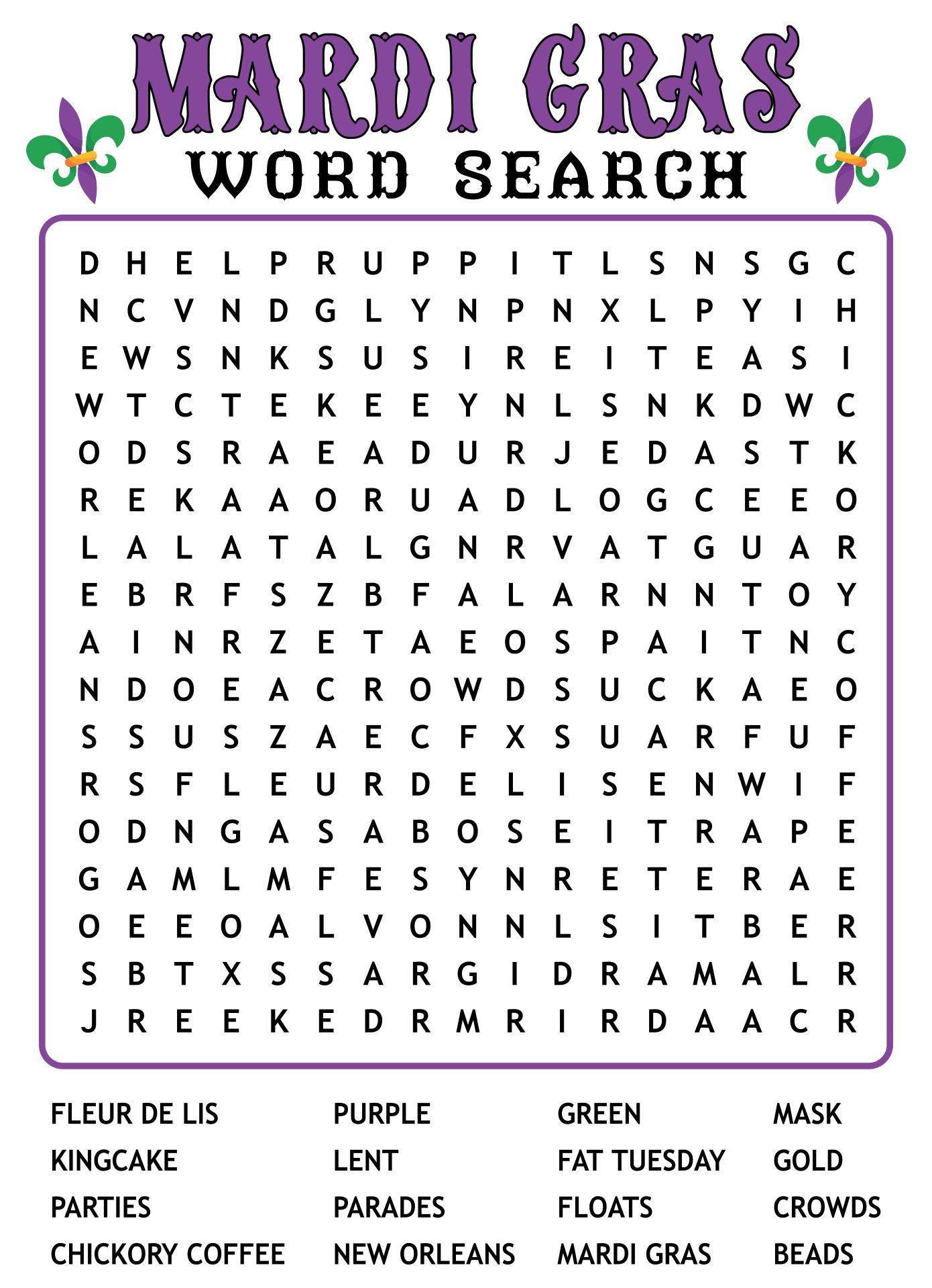 Mardi Gras Word Search Puzzles Printable