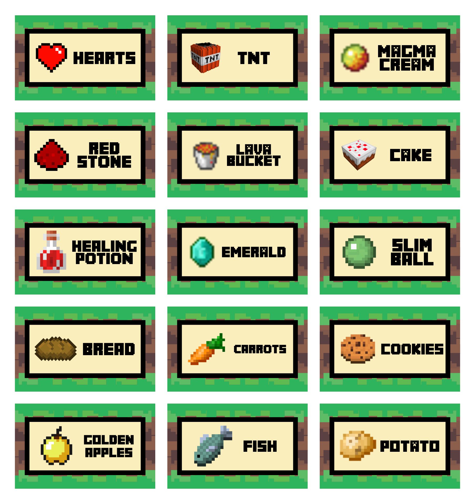 Tent Cards - Printable Minecraft Birthday Party Food Tent Cards Minecraft para imprimir, Imagens minecraft, Arte em pixels minecraft