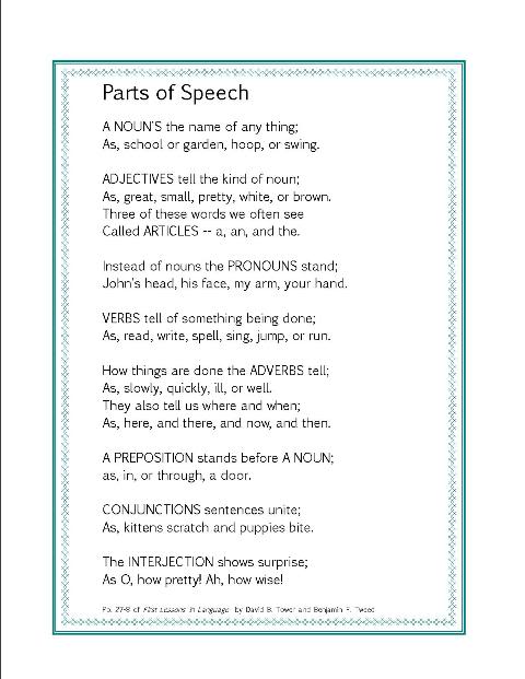 Printable Parts of Speech Poem