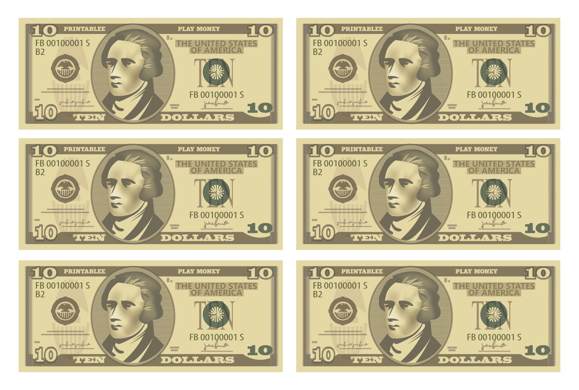 Printable Play Money 10 Dollar Bills