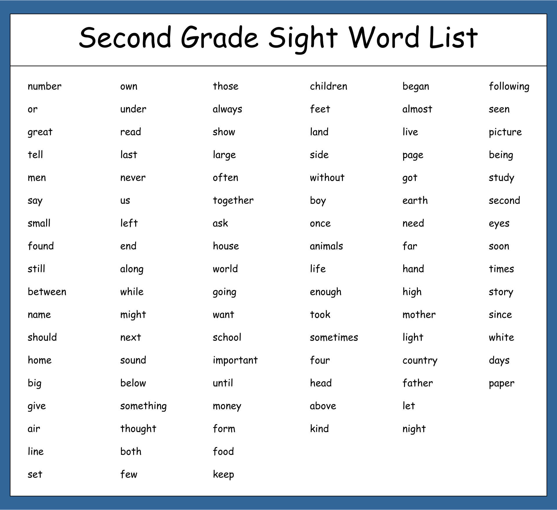 Printable Sight Words For 2nd Grade