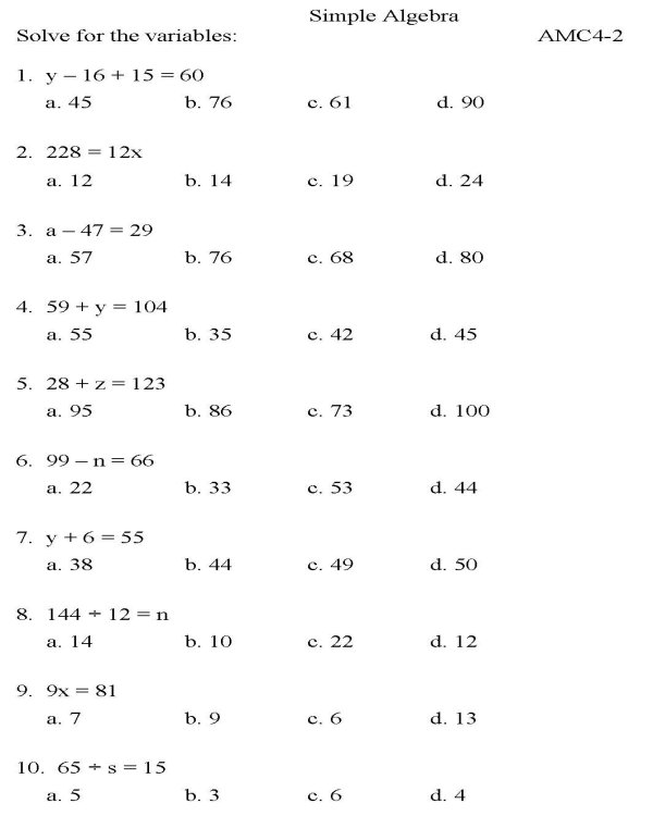 Algebra Math Worksheets Printable