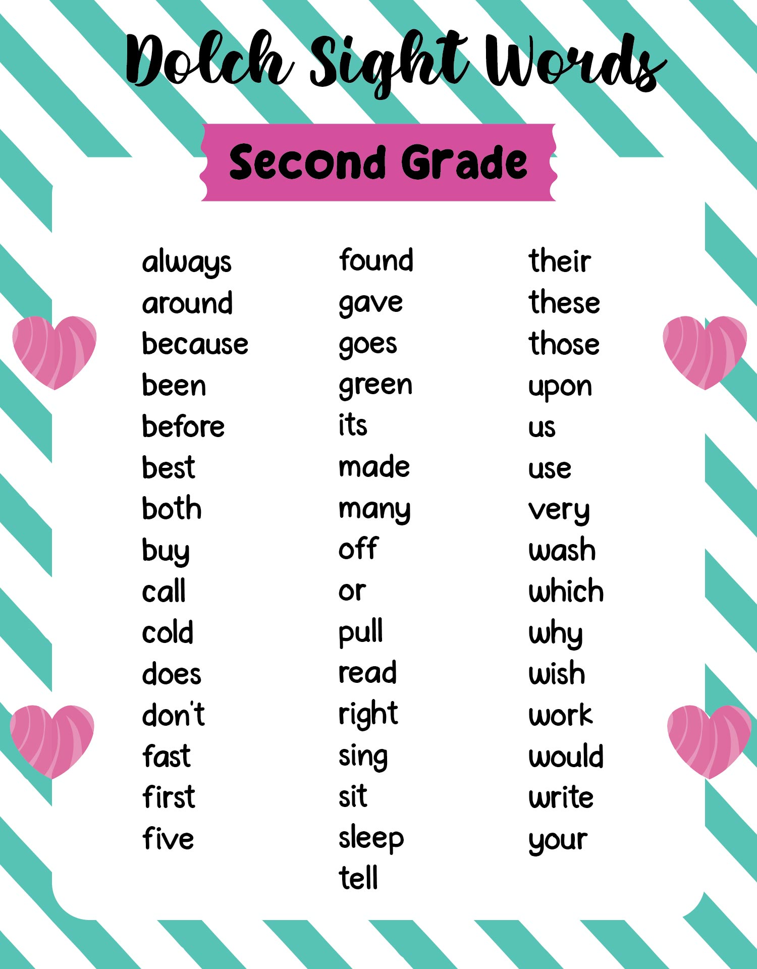 Free Printable 2nd Grade Sight Words Pdf