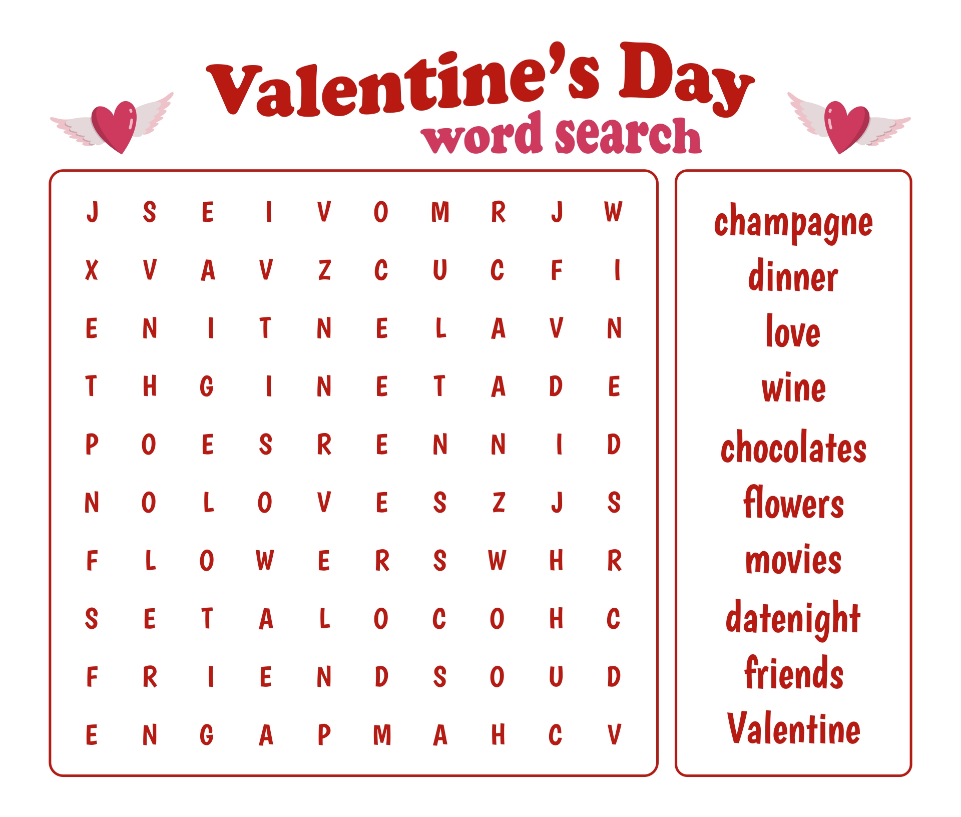 Valentine Day Word Search Puzzle Printable