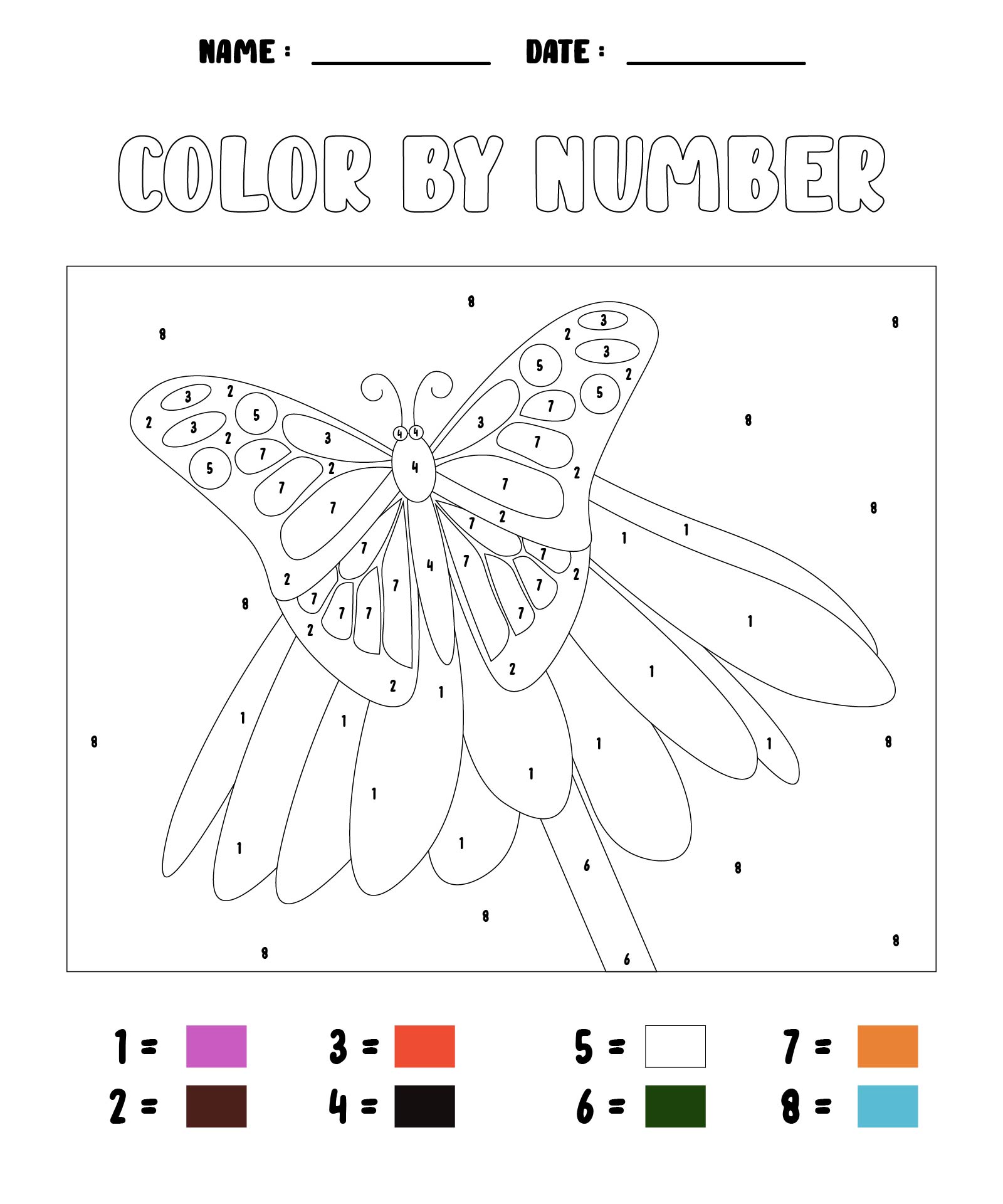 Butterflies Colors by Numbers Worksheet