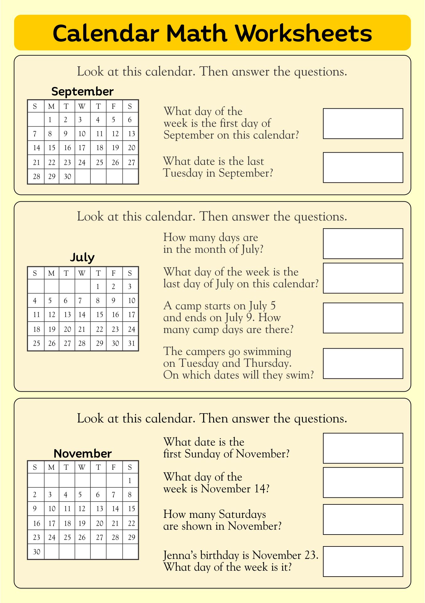 Calendar Math Worksheets Free