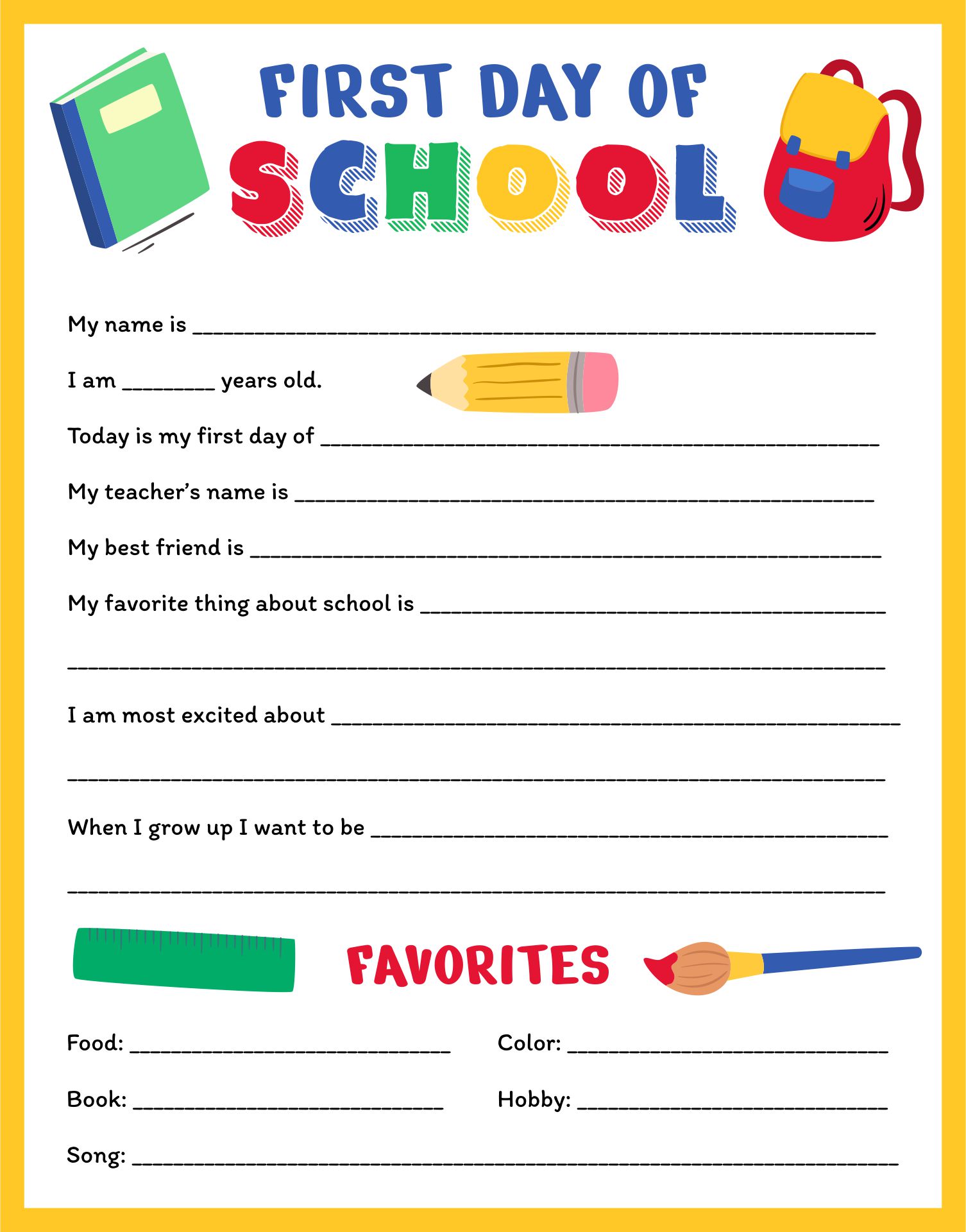 First Day of School Printable Worksheets