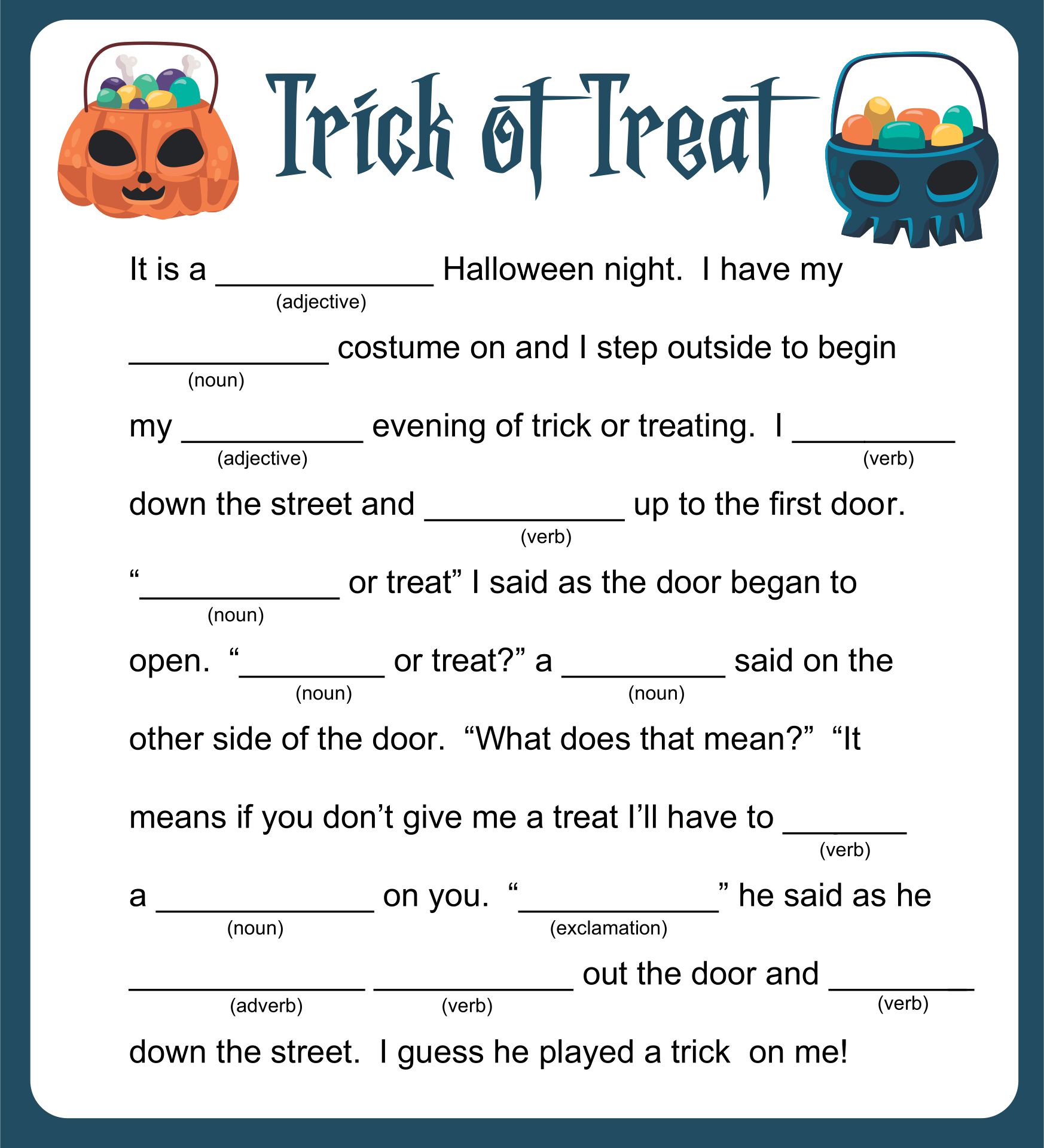 Halloween Mad Libs Printable Worksheets