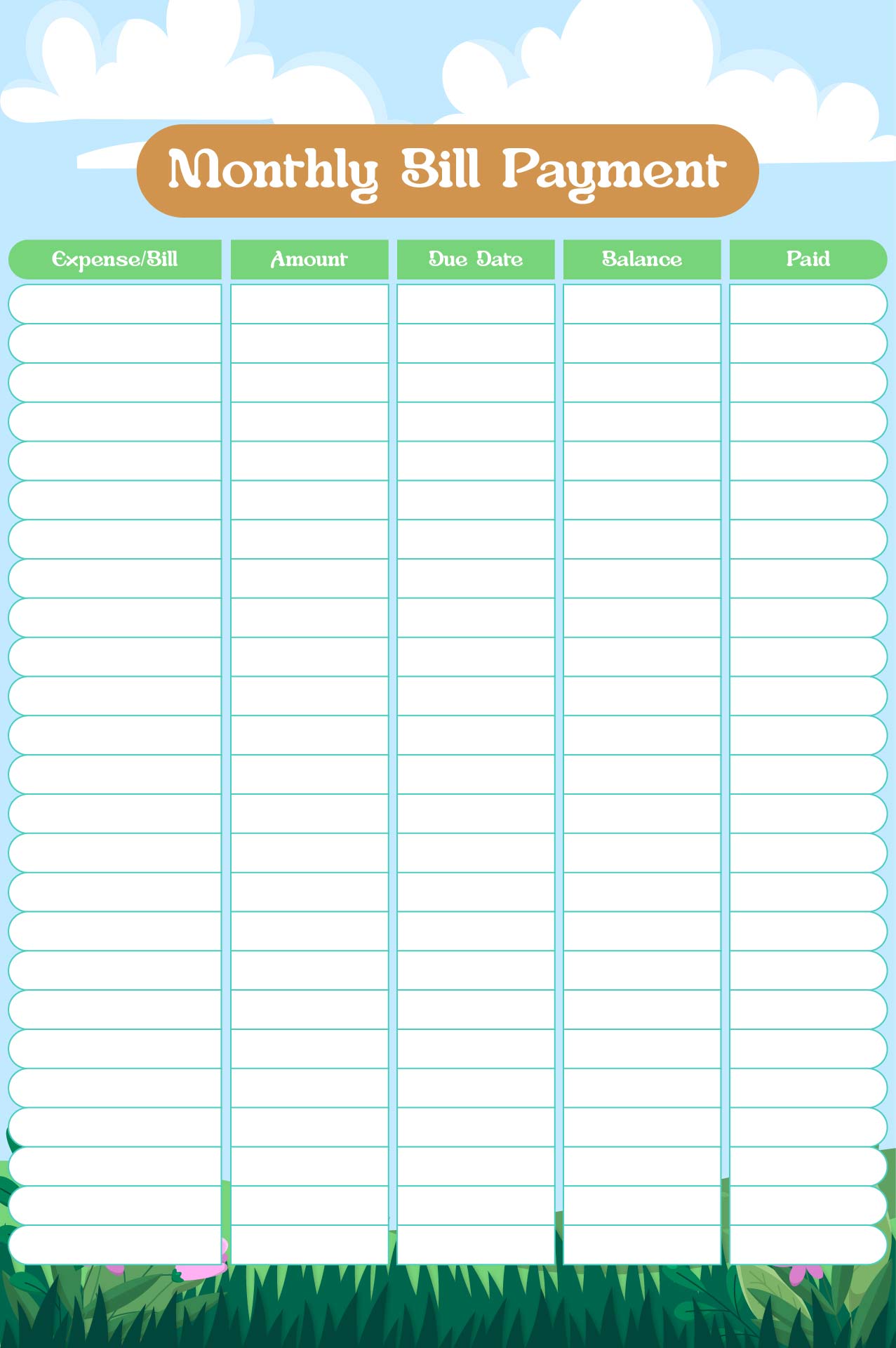 Printable Monthly Bill Payment Log Template