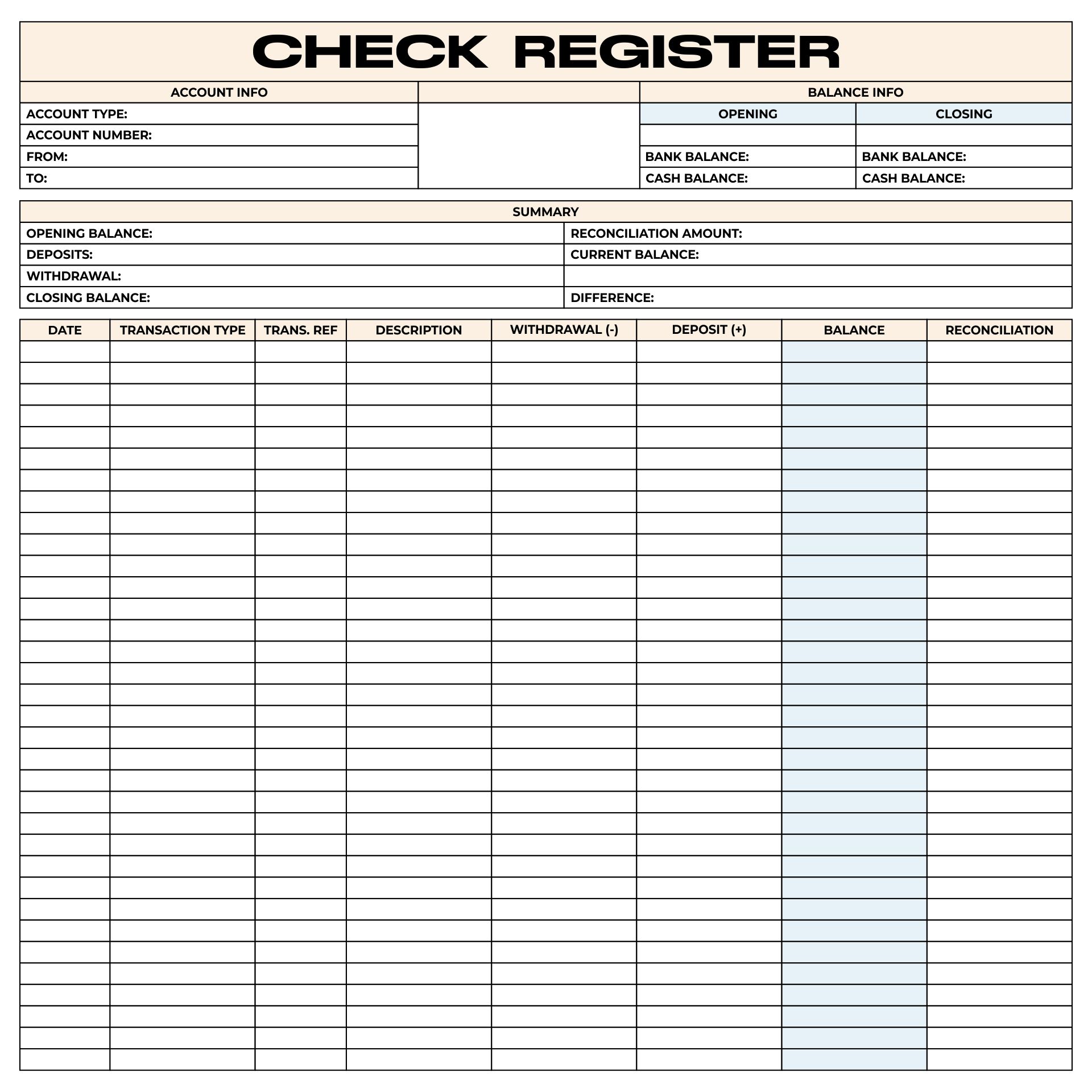 Checkbook Register Template Excel