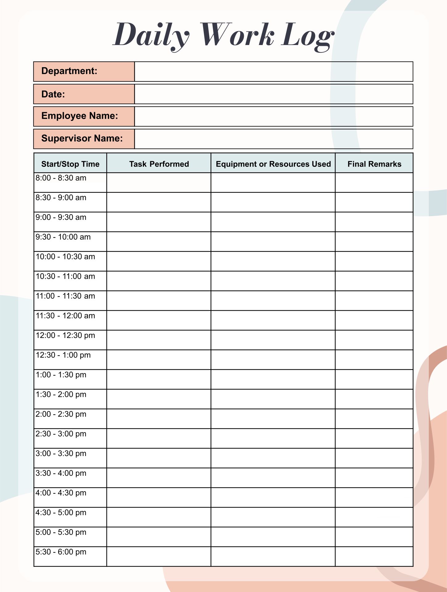 Printable Daily Log Sheets Templates