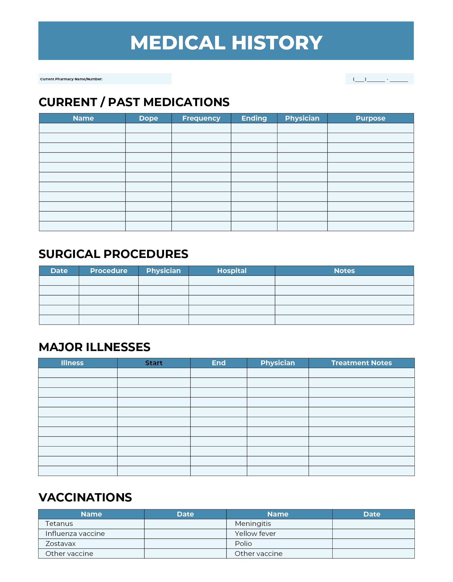 Printable Medical History Forms