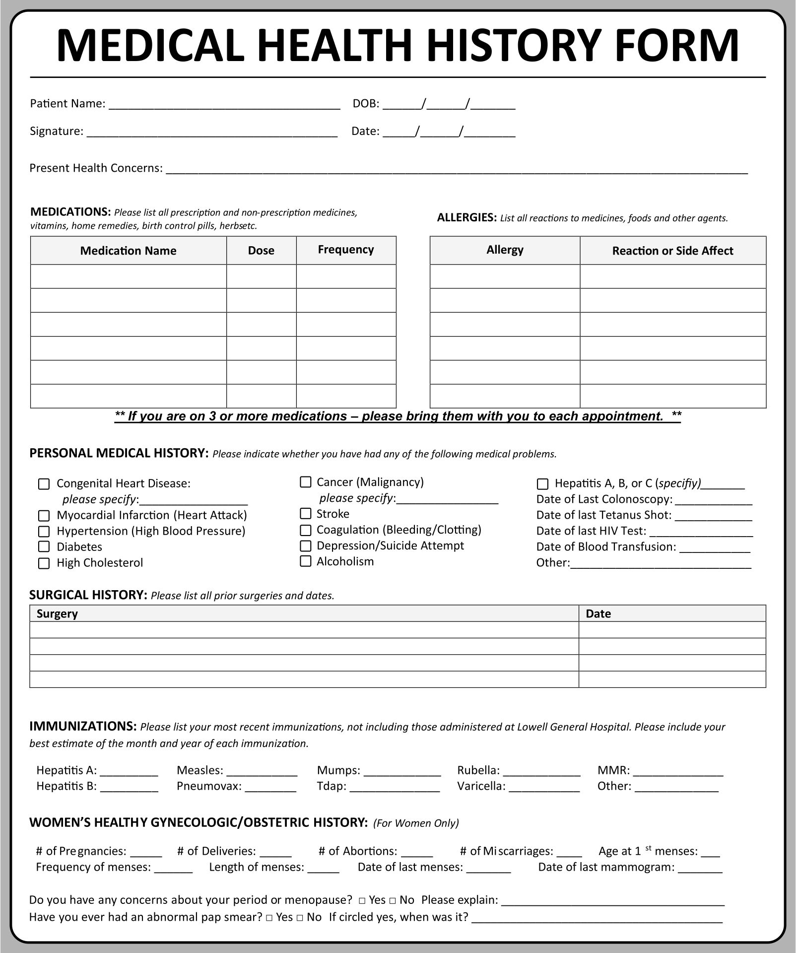 Medical Health History Form Template