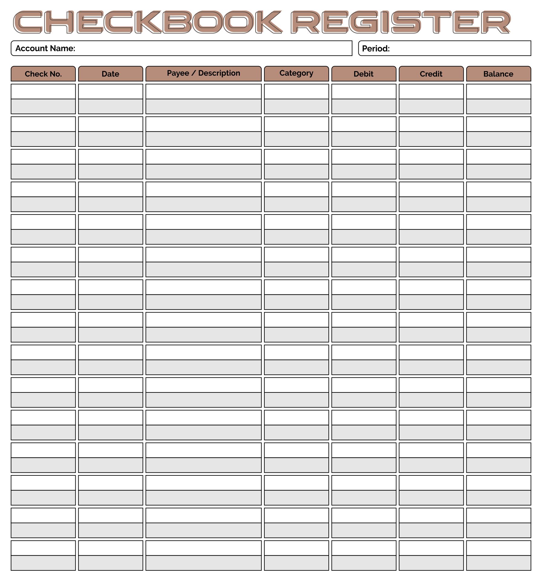 Printable Check Register Checkbook Size