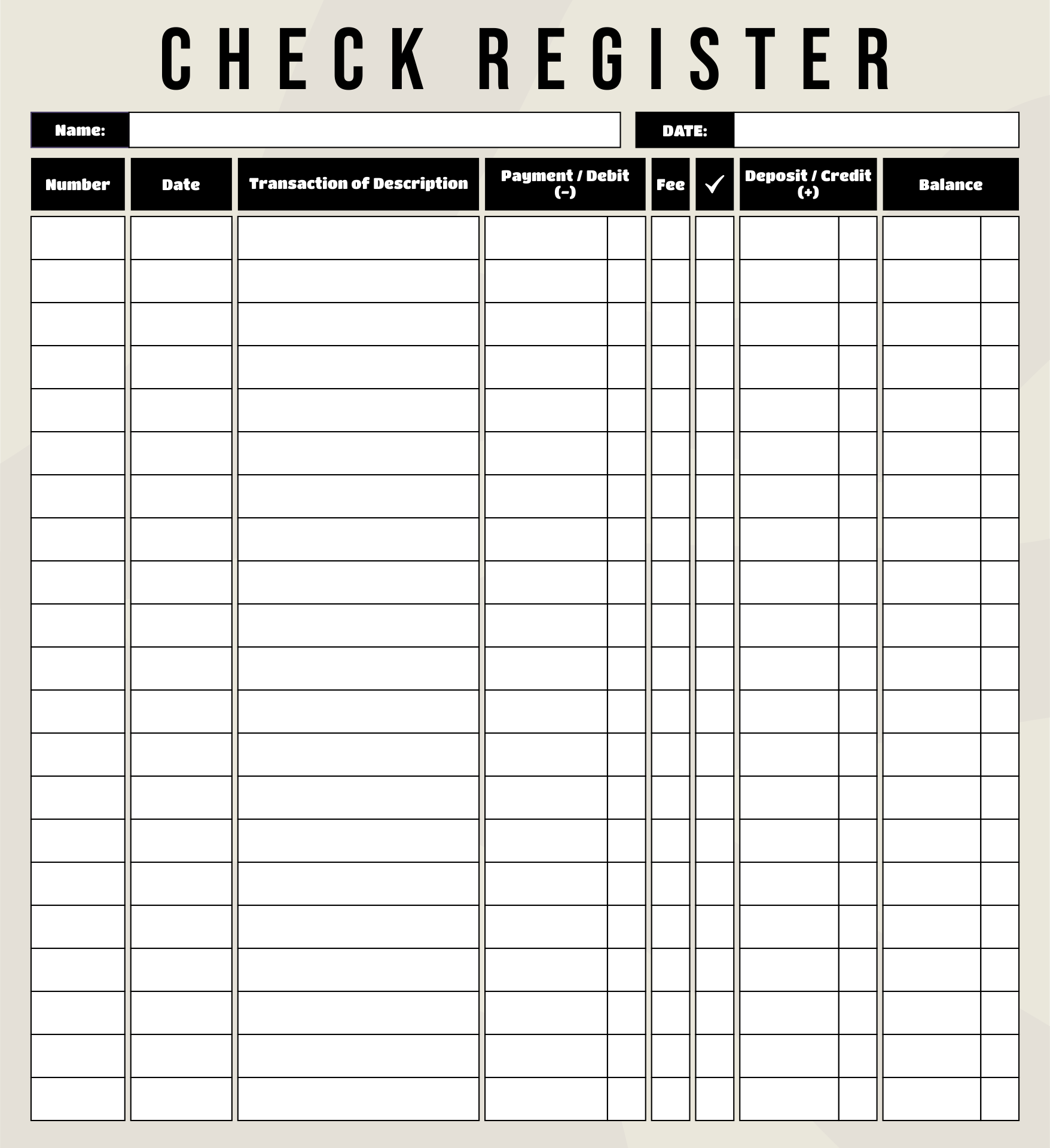 Printable Check Register for Checkbook