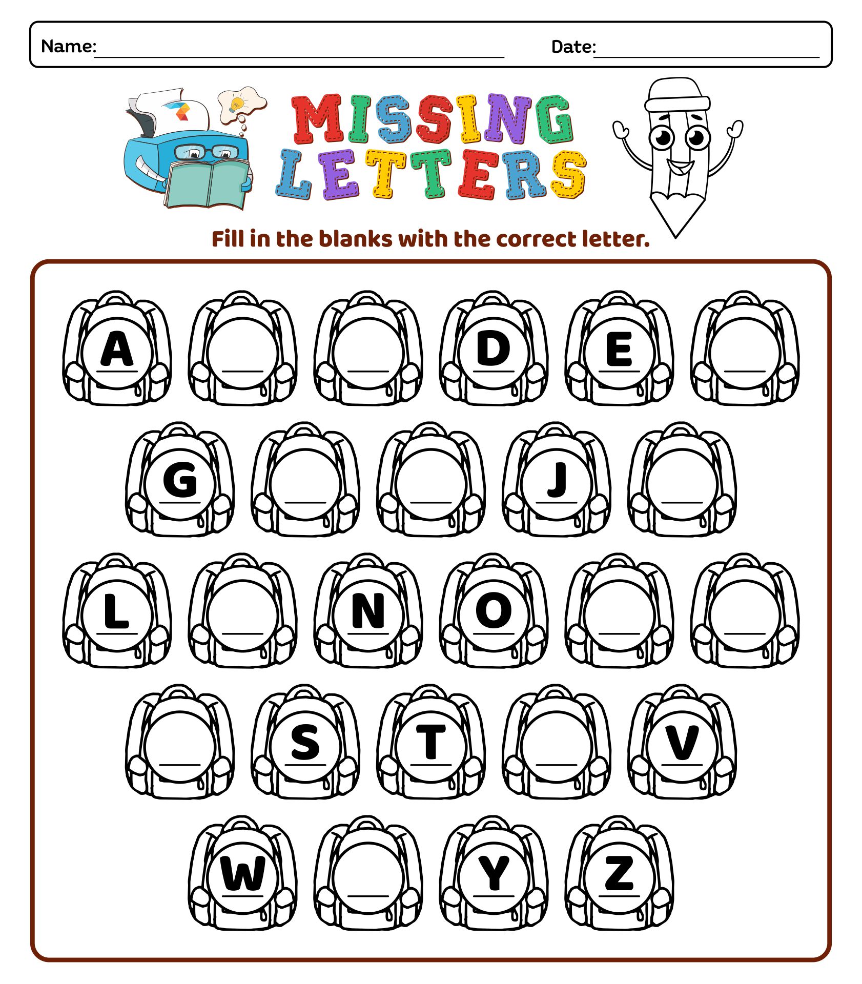 Alphabet Missing Letters Kindergarten Worksheet