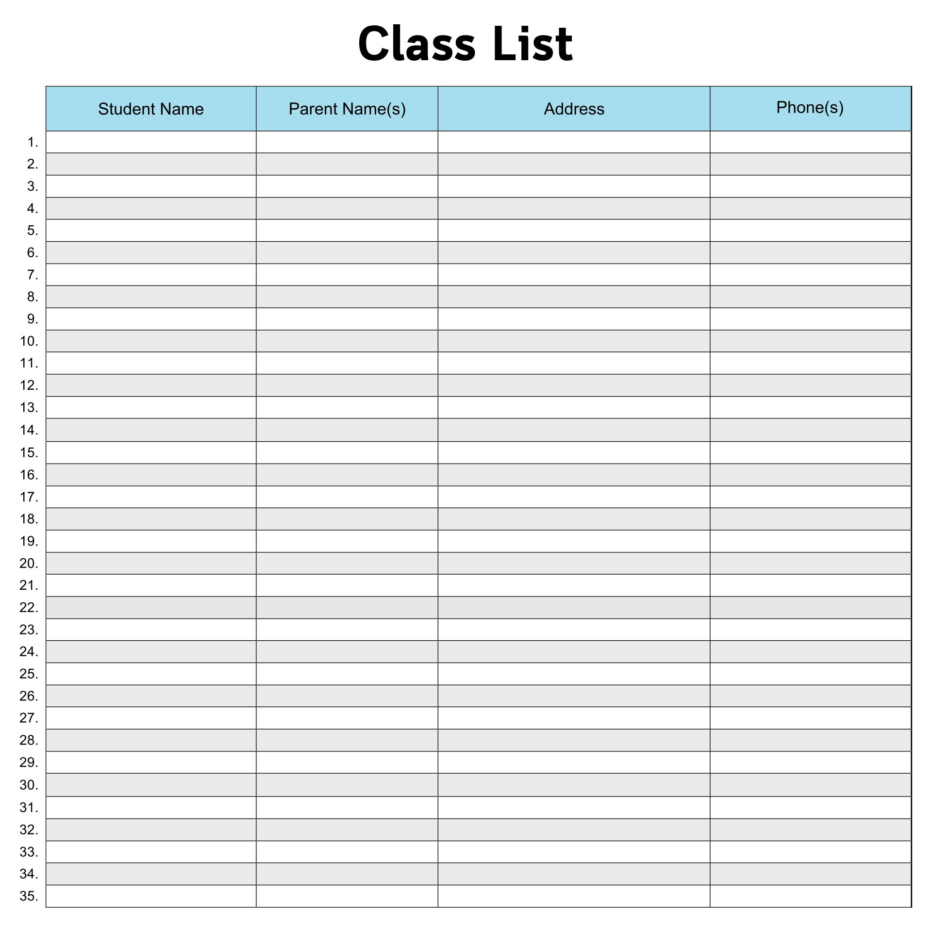 Class List Blank Printable