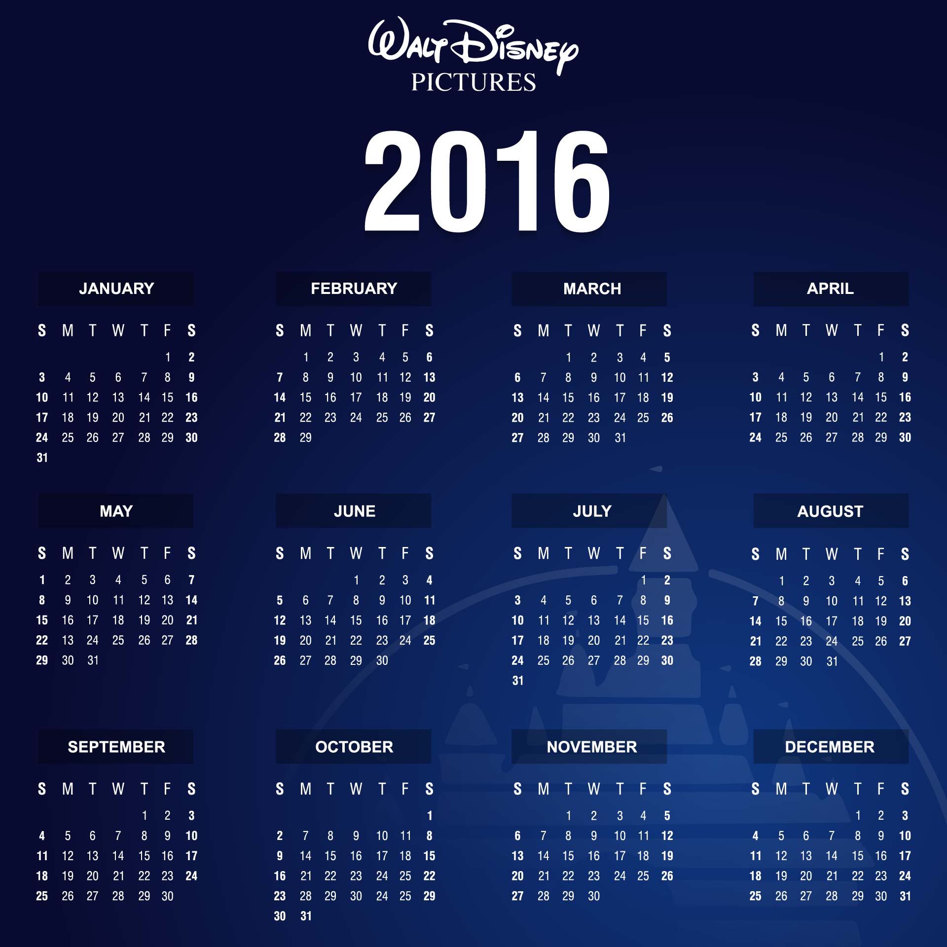 Disney Printable 2016 Calendar