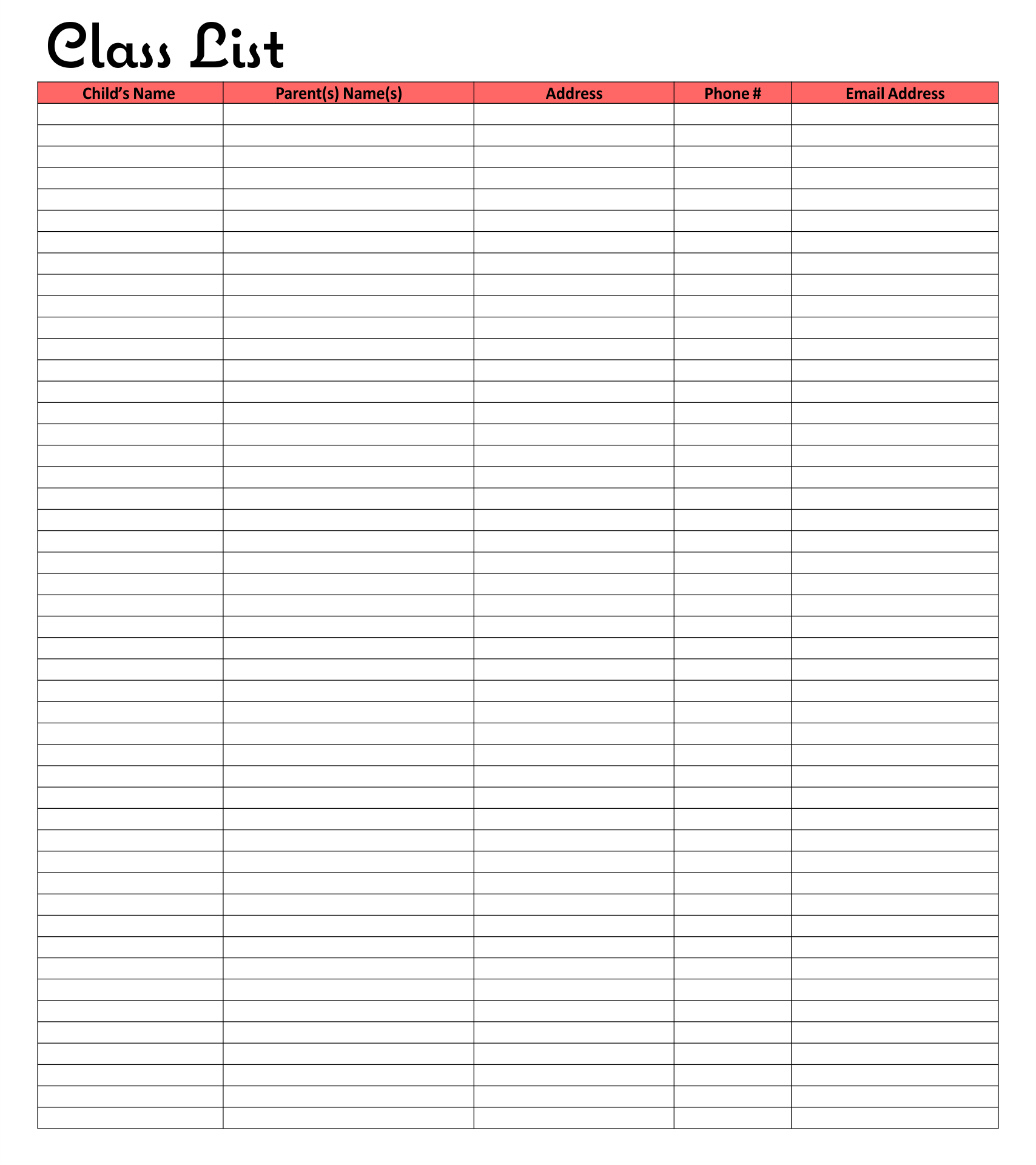 Class List Blank 10 Free PDF Printables Printablee