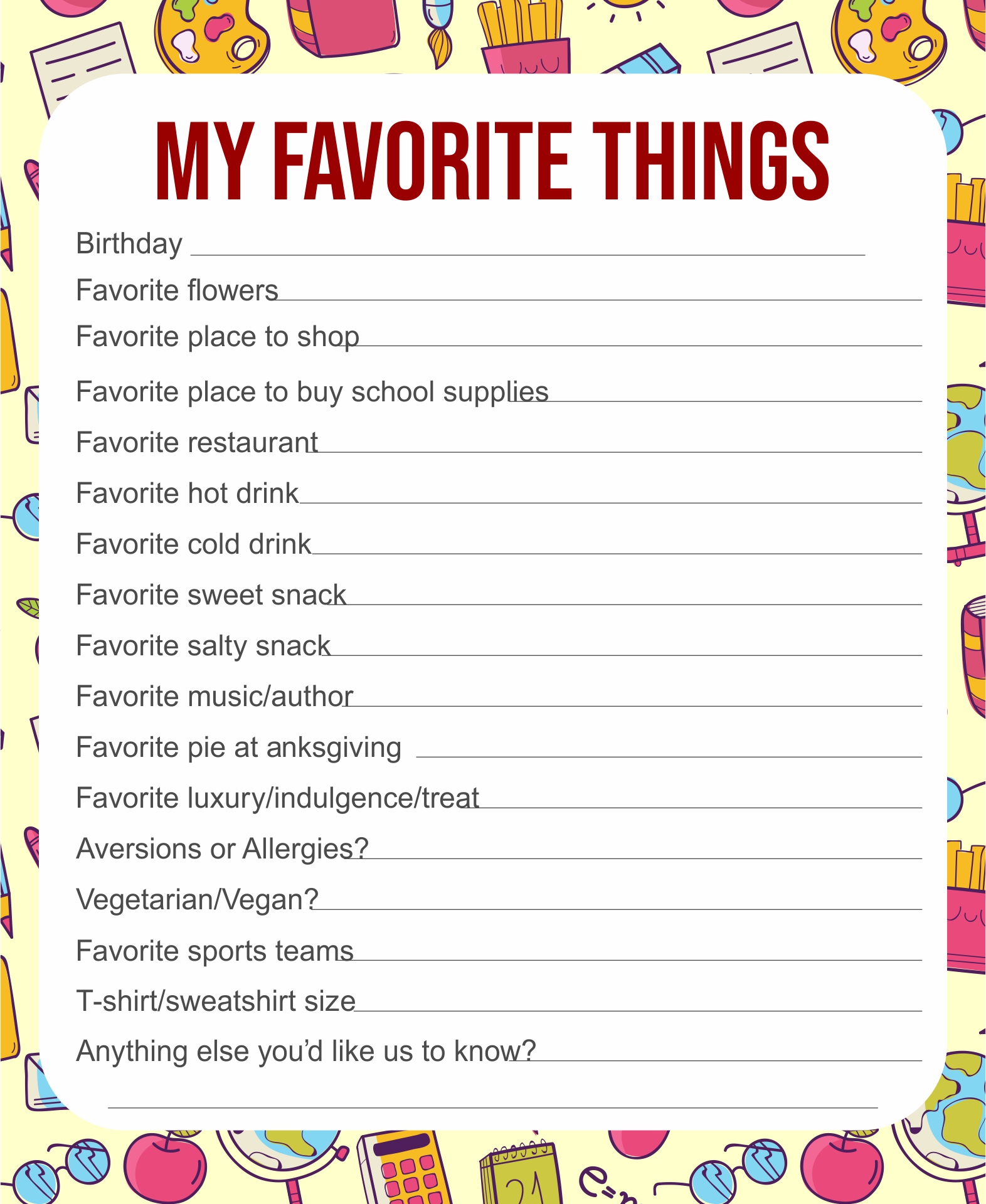 My Favorite Things List Free Printable