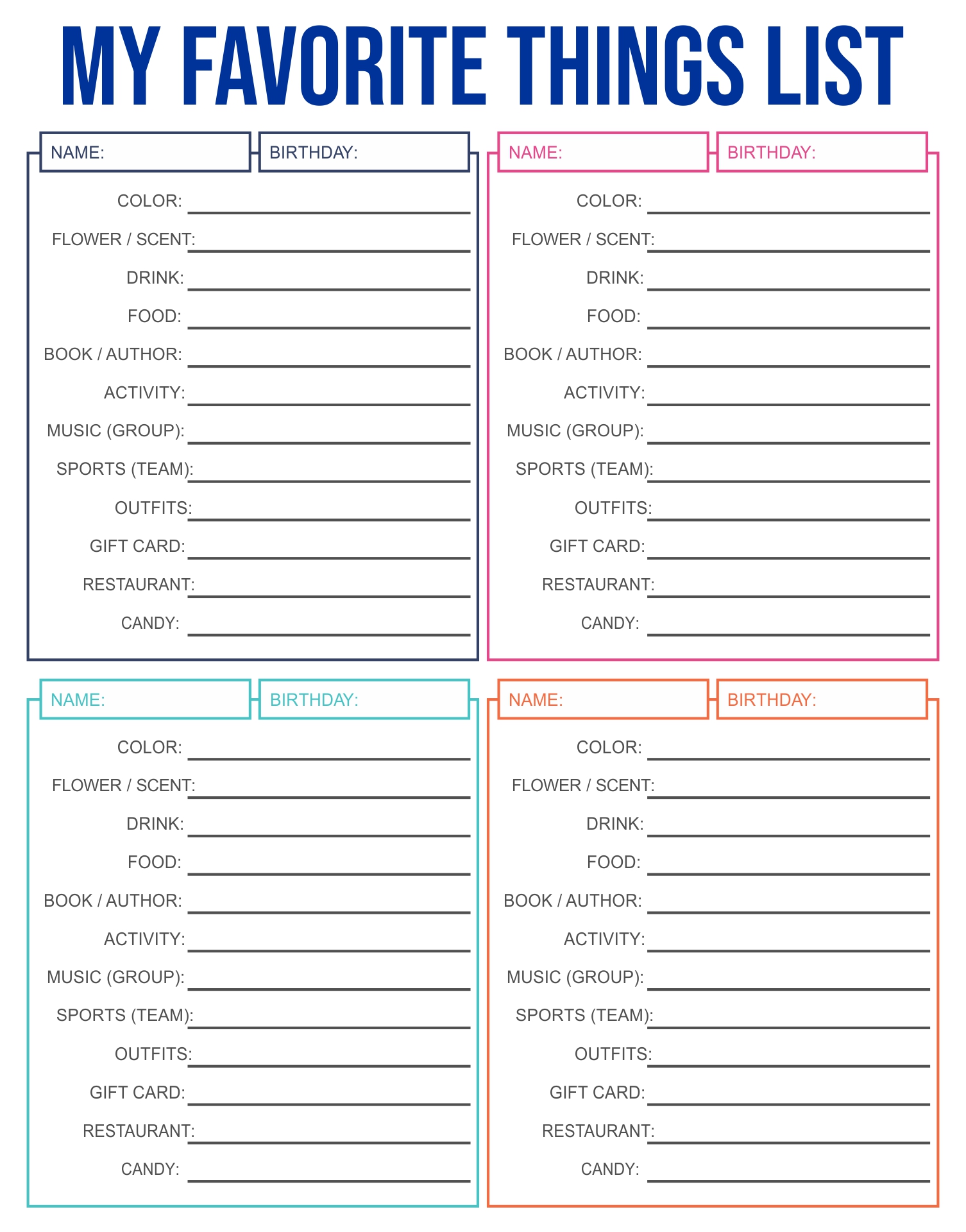 My Favorite Things Template 10 Free PDF Printables Printablee