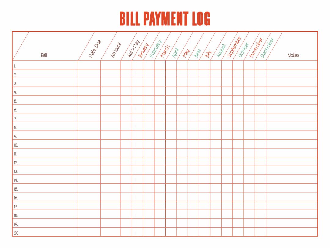 Printable Bill Payment Log