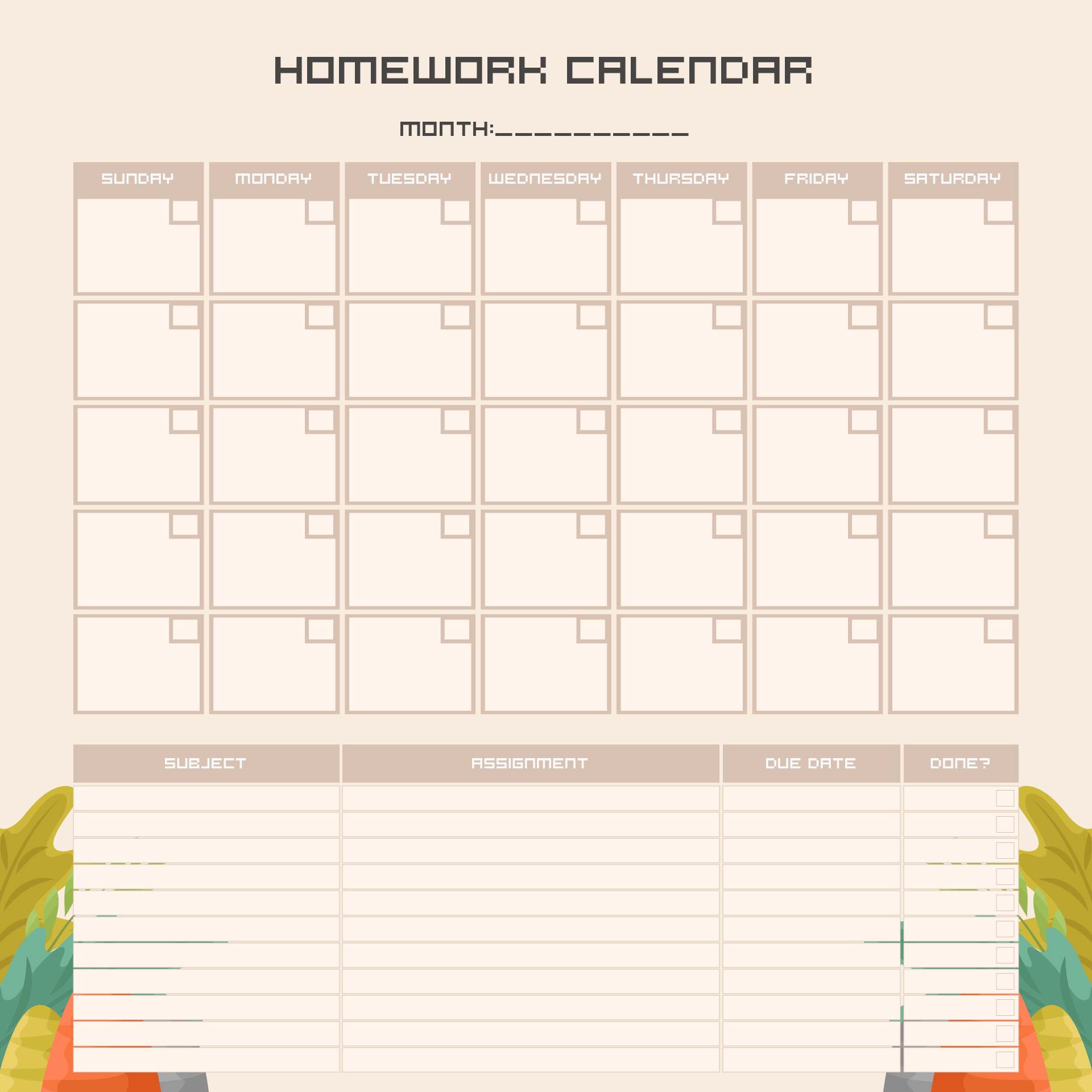 Printable Weekly Homework Calendar