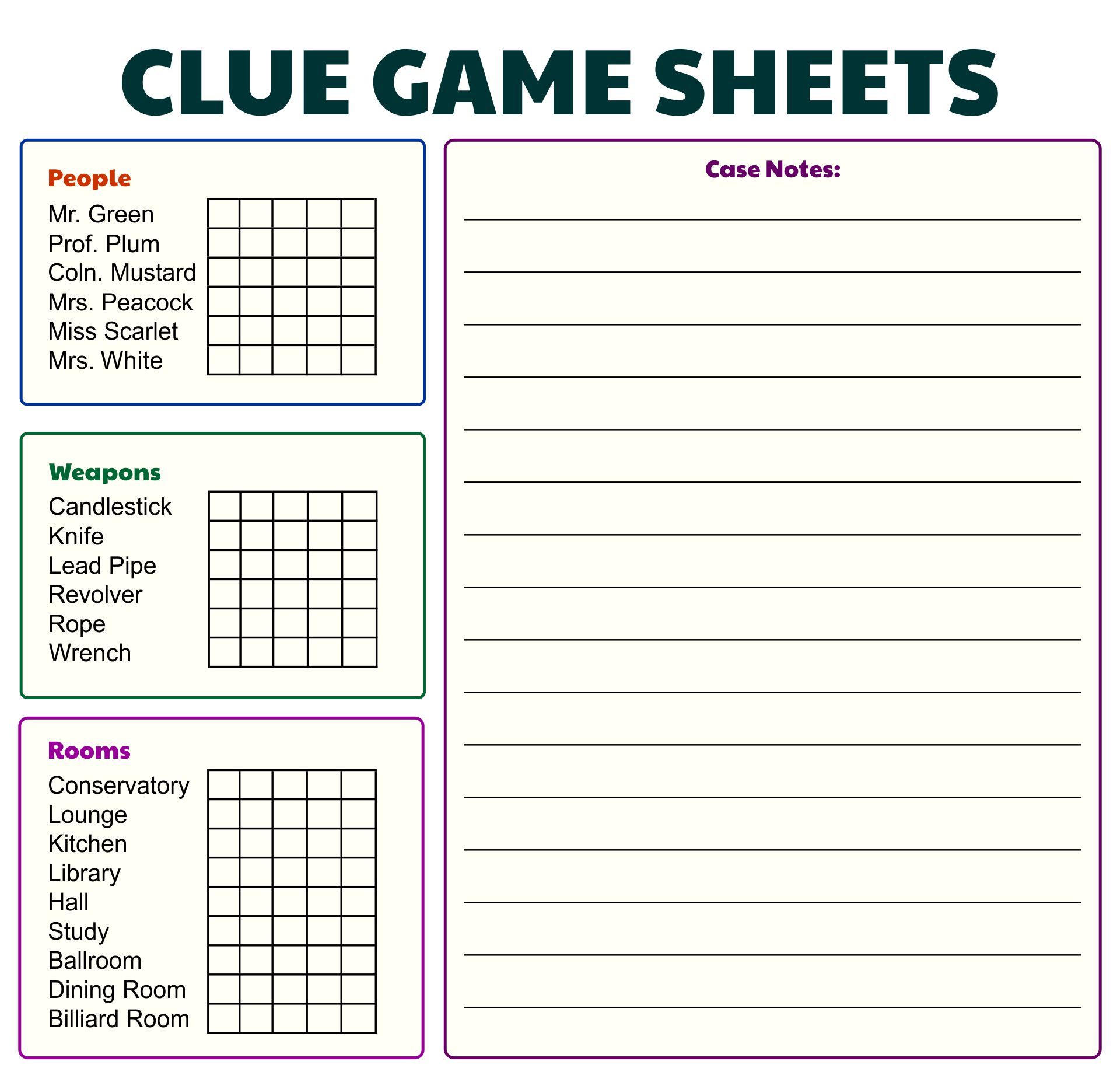 Printable Clue Game Sheets Printable Templates