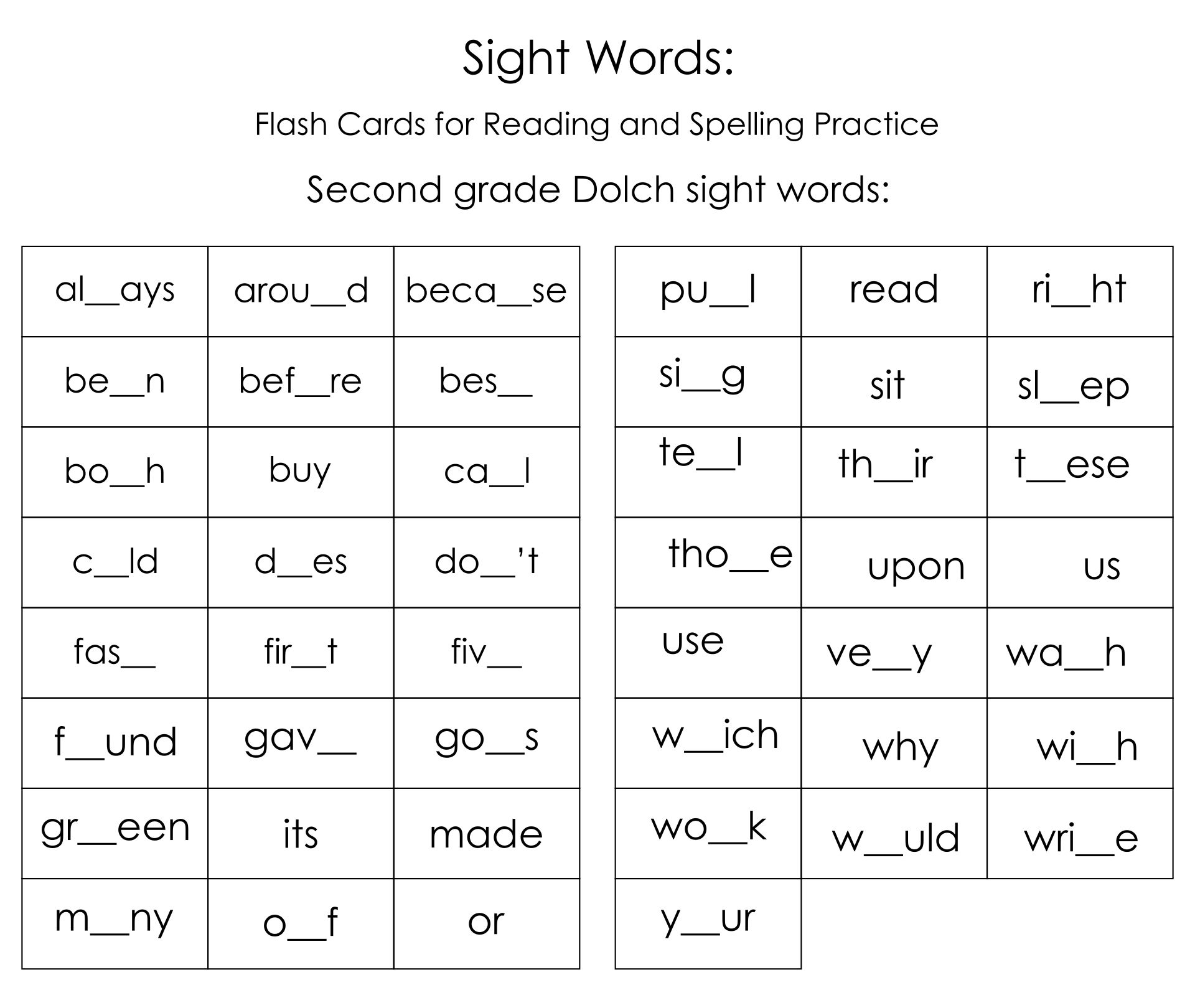 Second Grade Sight Words Printable