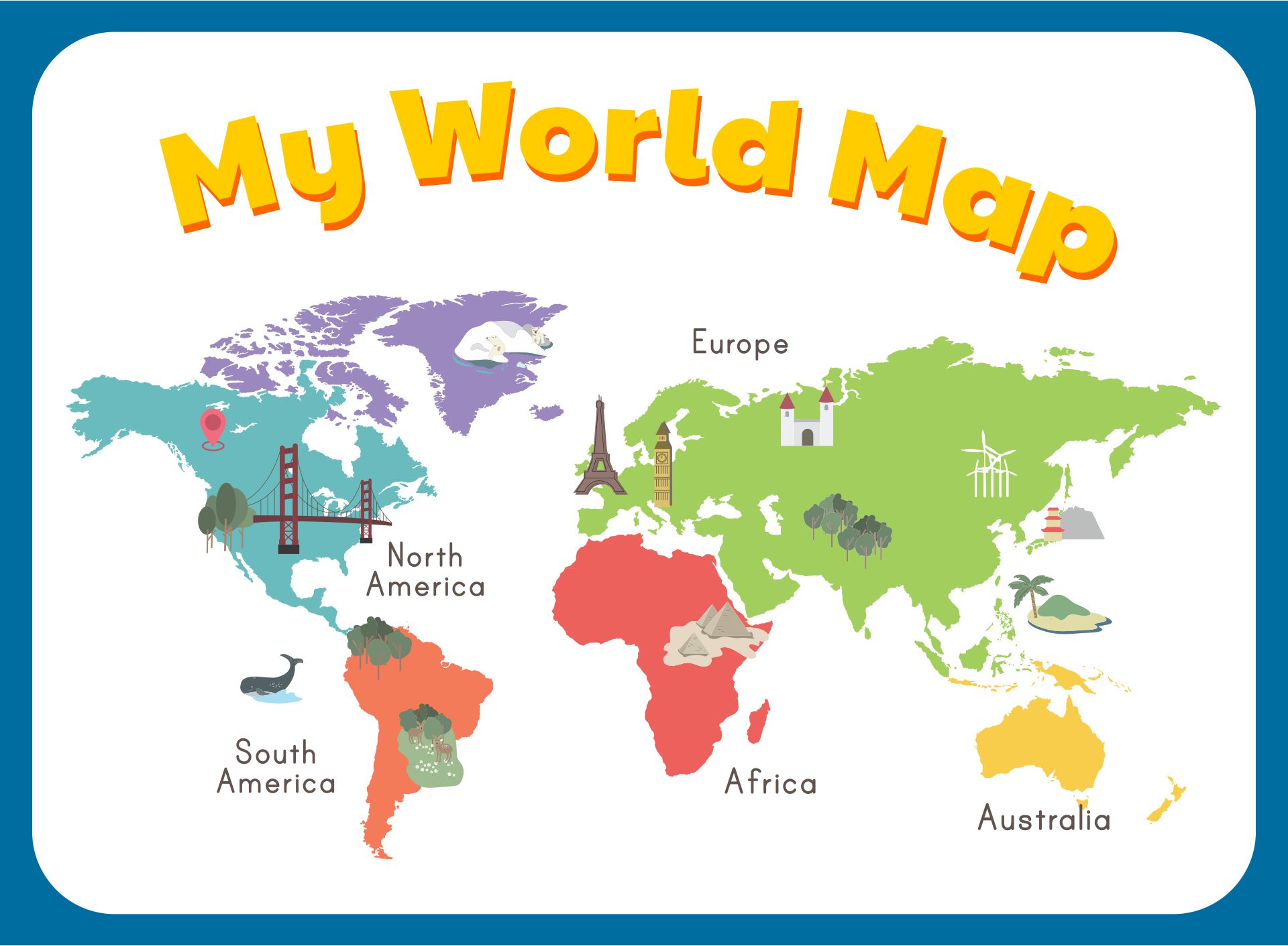 10 Best Simple World Map Printable - printablee.com World Map Continents For Kids