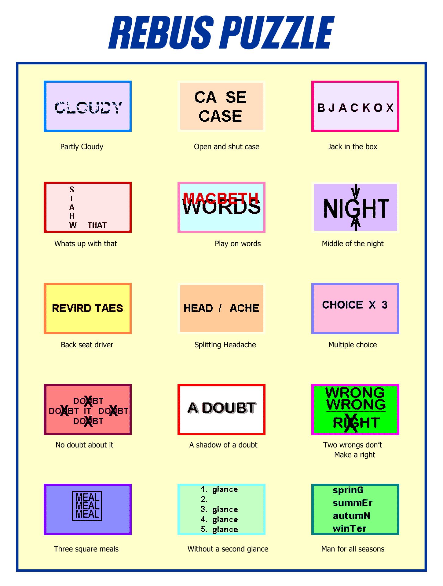 Tricky Rebus Puzzles With Answers Printable