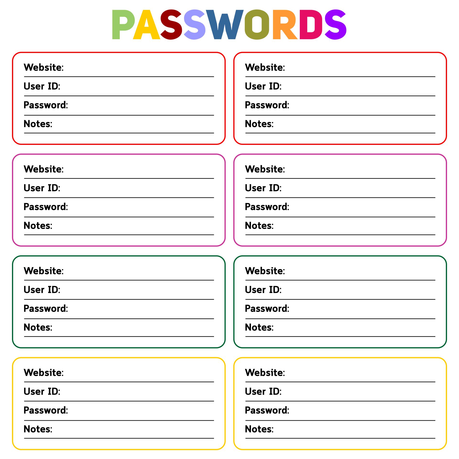 Printable Password Keeper Form