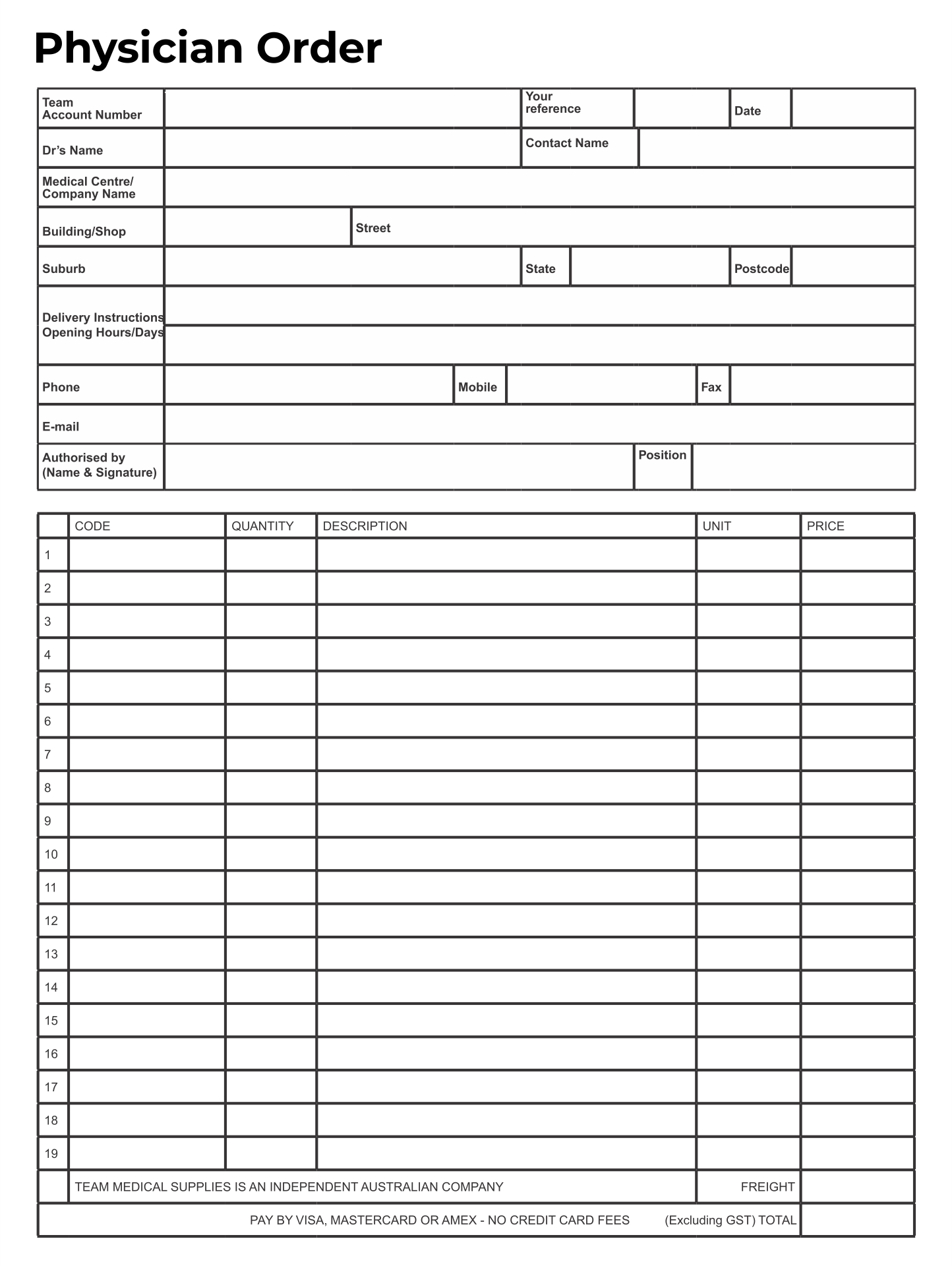 Physician Order Form Template