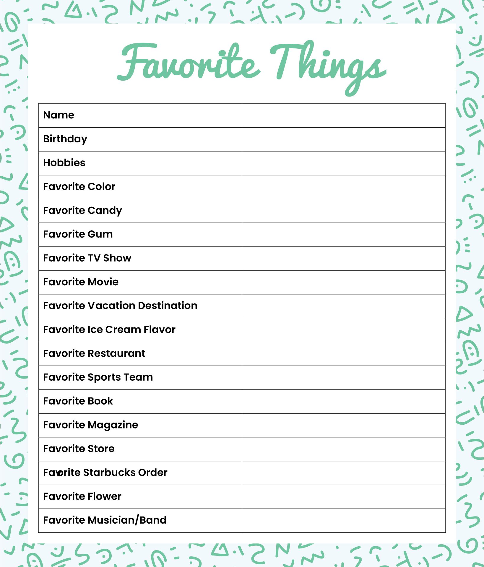 Printable Employee Favorites Questionnaire Printable Word Searches