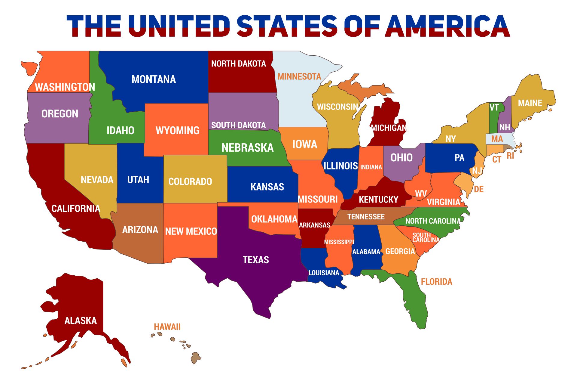The United States of America карта. Географическая карта США. States and Capitals of USA. Соединенные штаты Америки на карте.