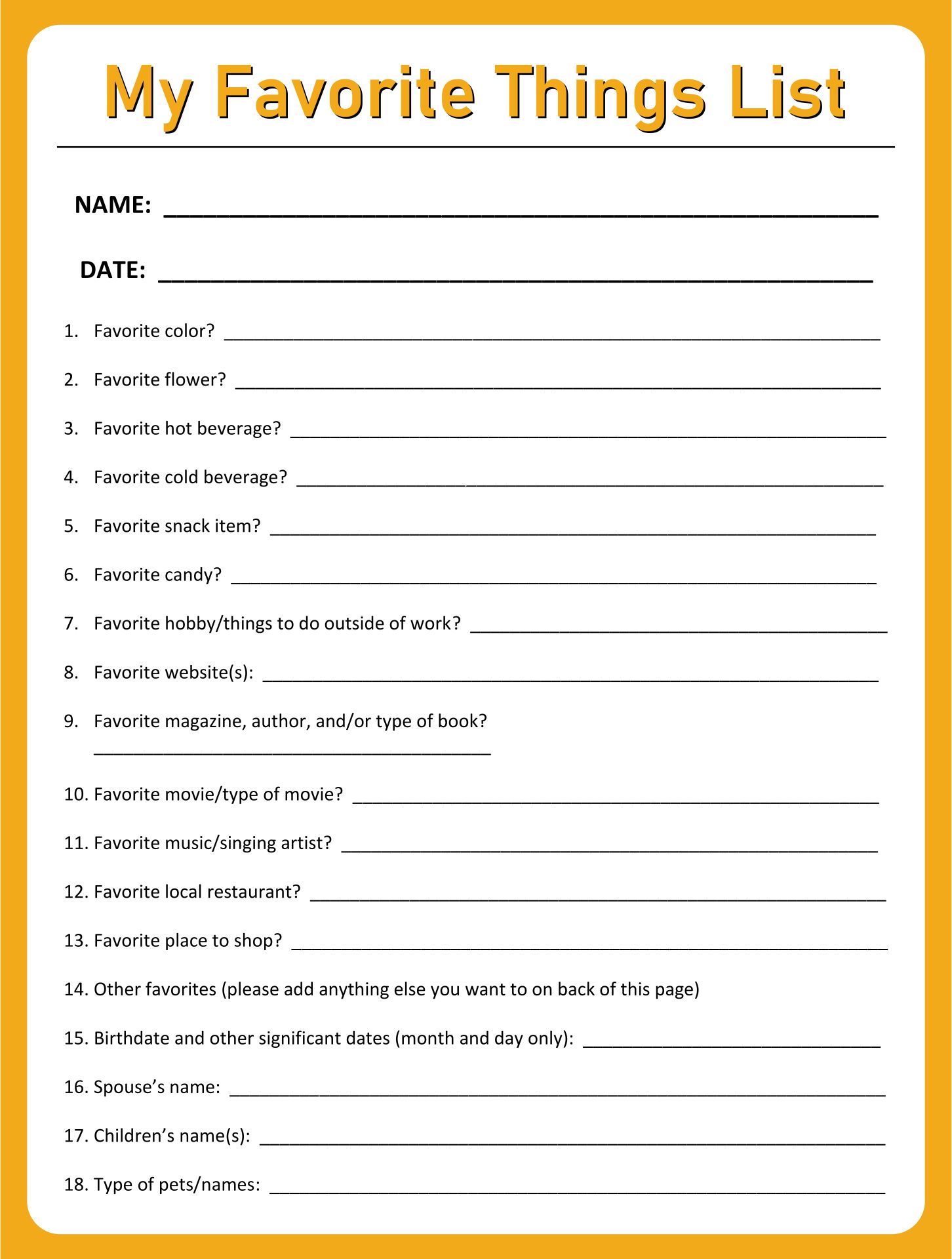 Free Printable My Favorite Things Worksheet