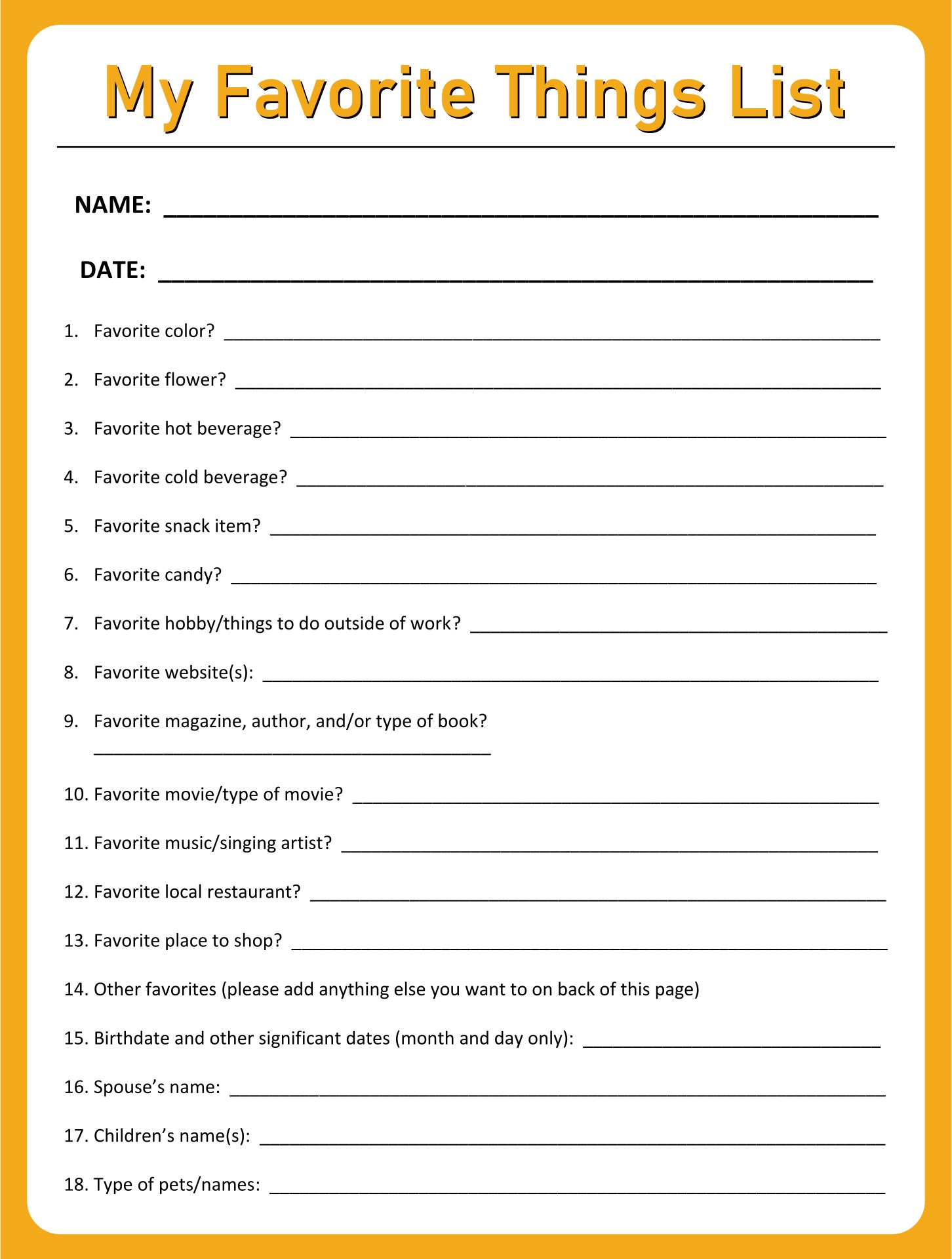 Questionnaire Favorite Things List Printable