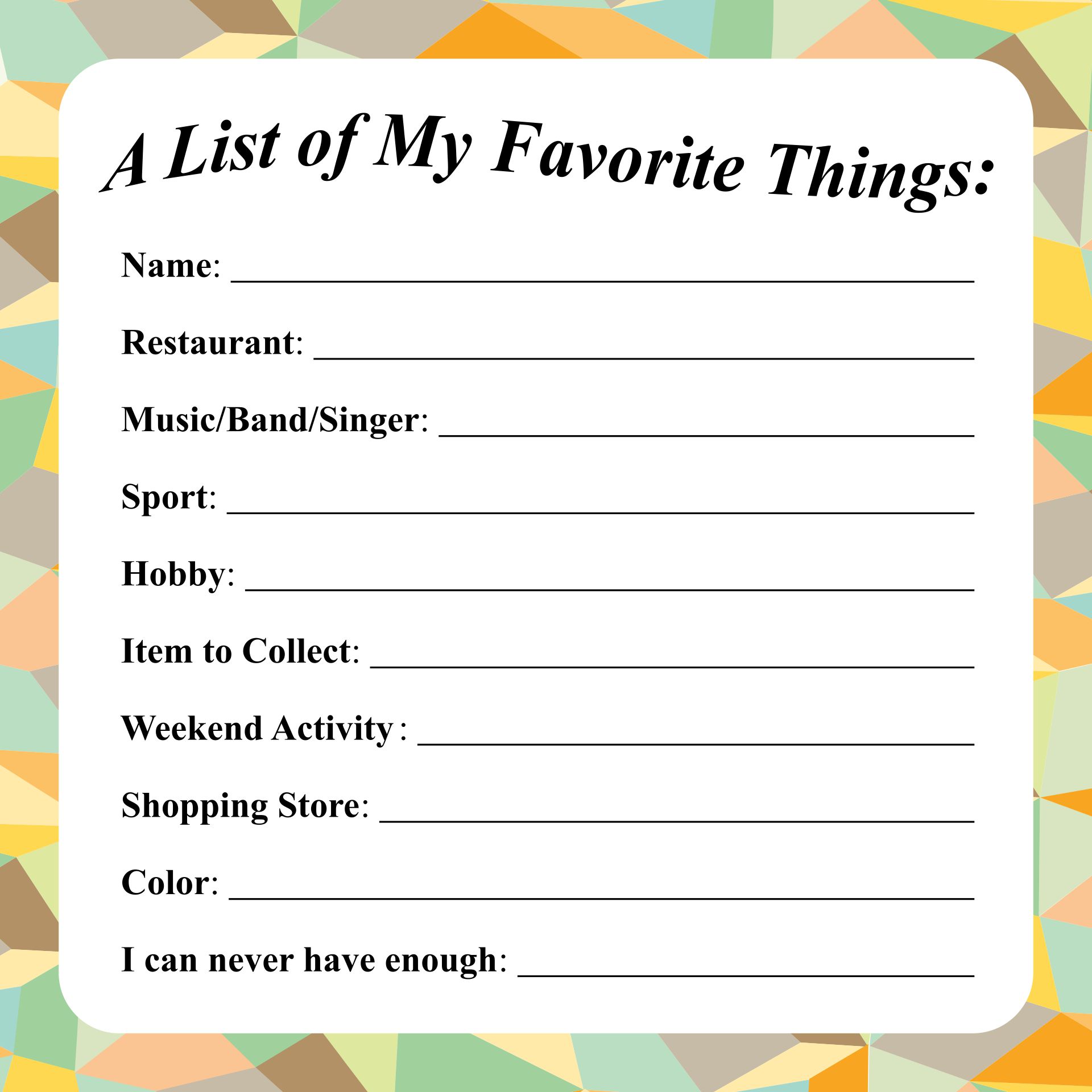 10 Best My Favorite Things Template Printable