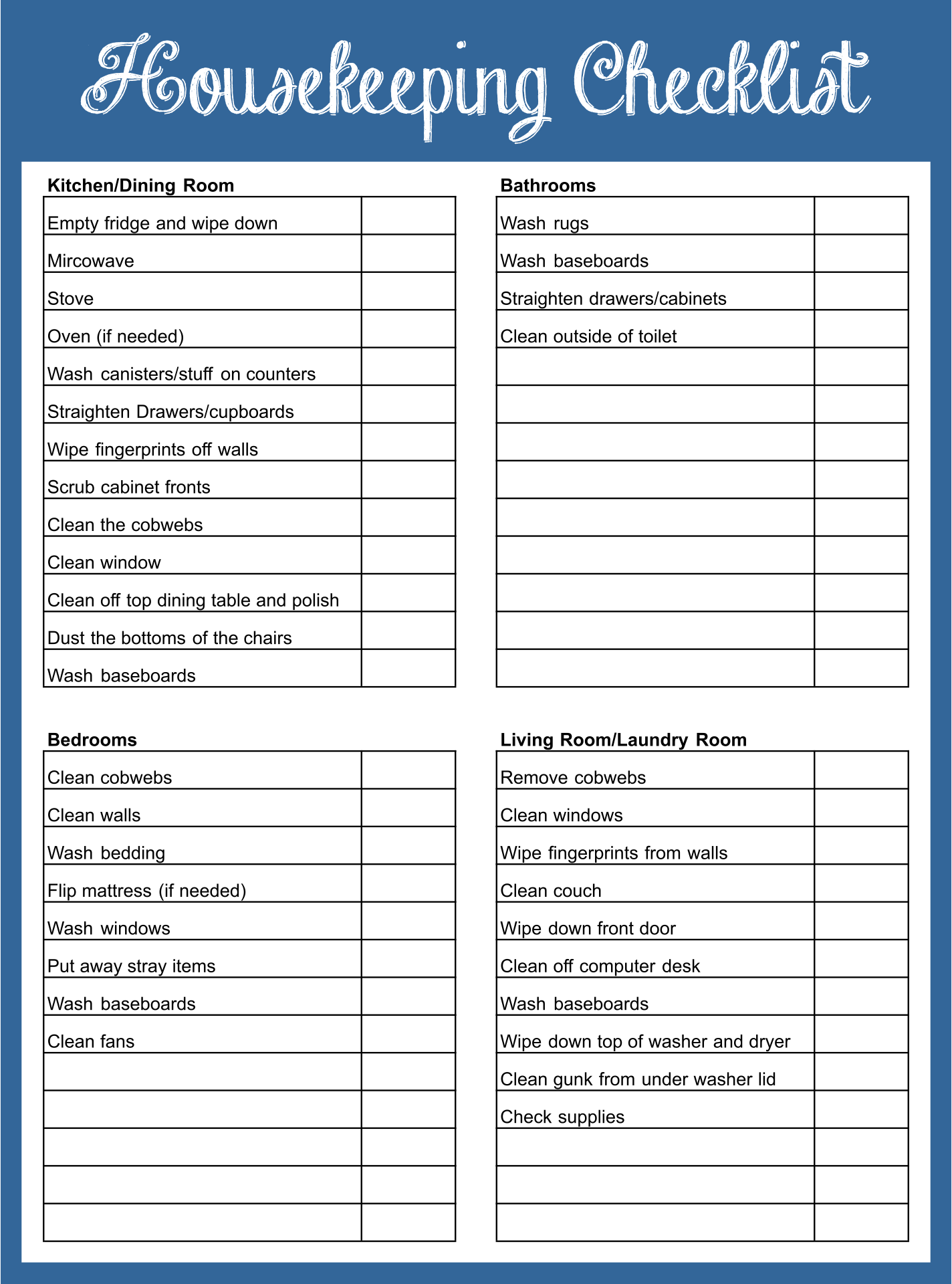 Housekeeping Checklist Template Free