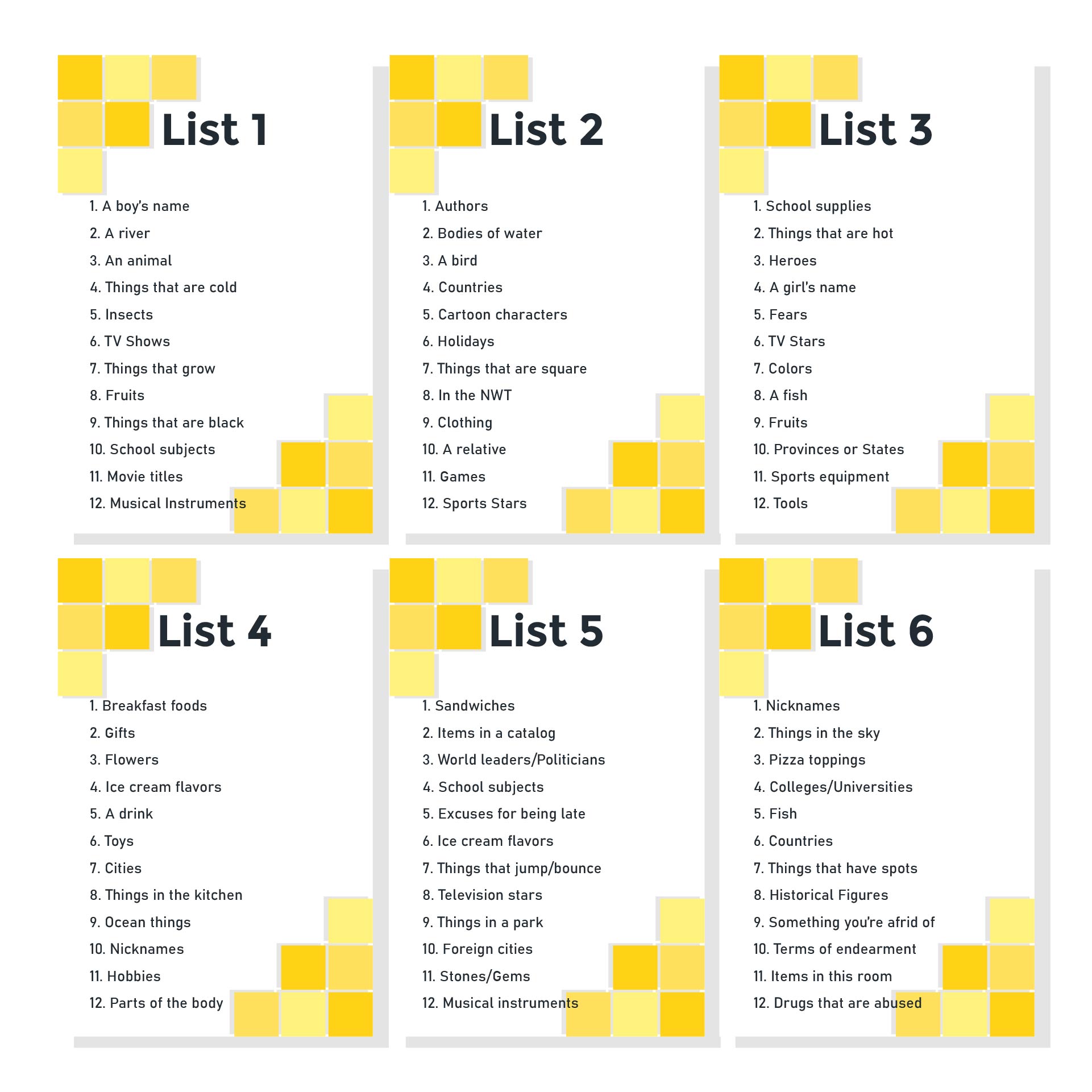 Scattergories Printable List