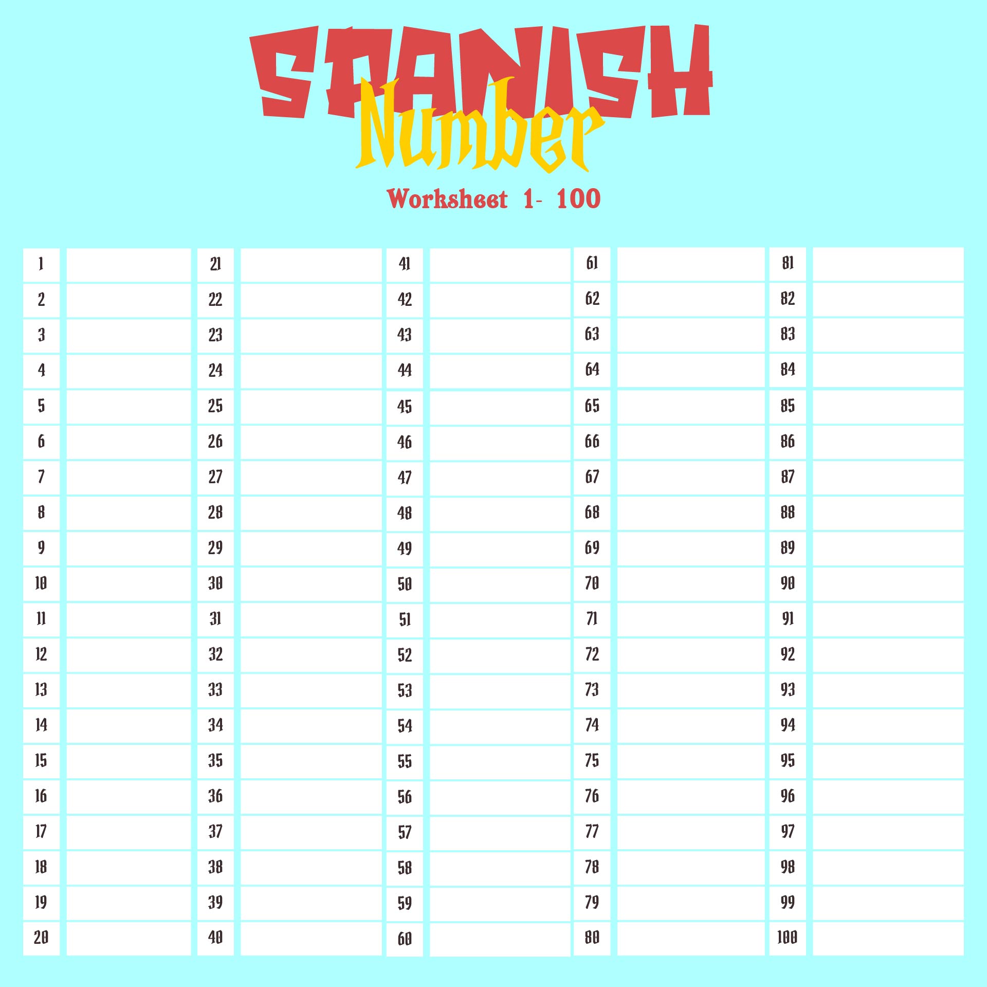 Spanish Numbers 1 100 Worksheets