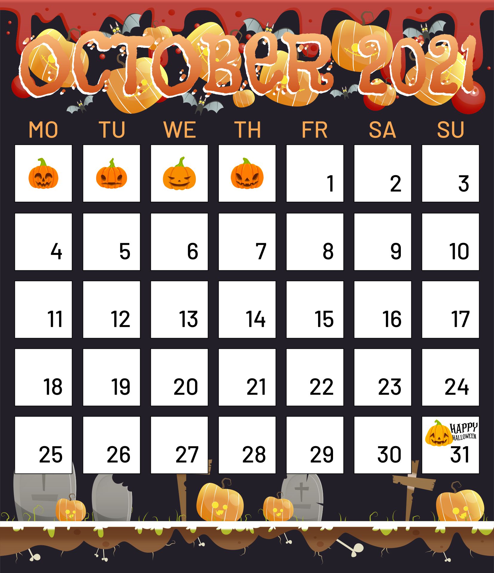 10 Best Printable Halloween Calendar - printablee.com