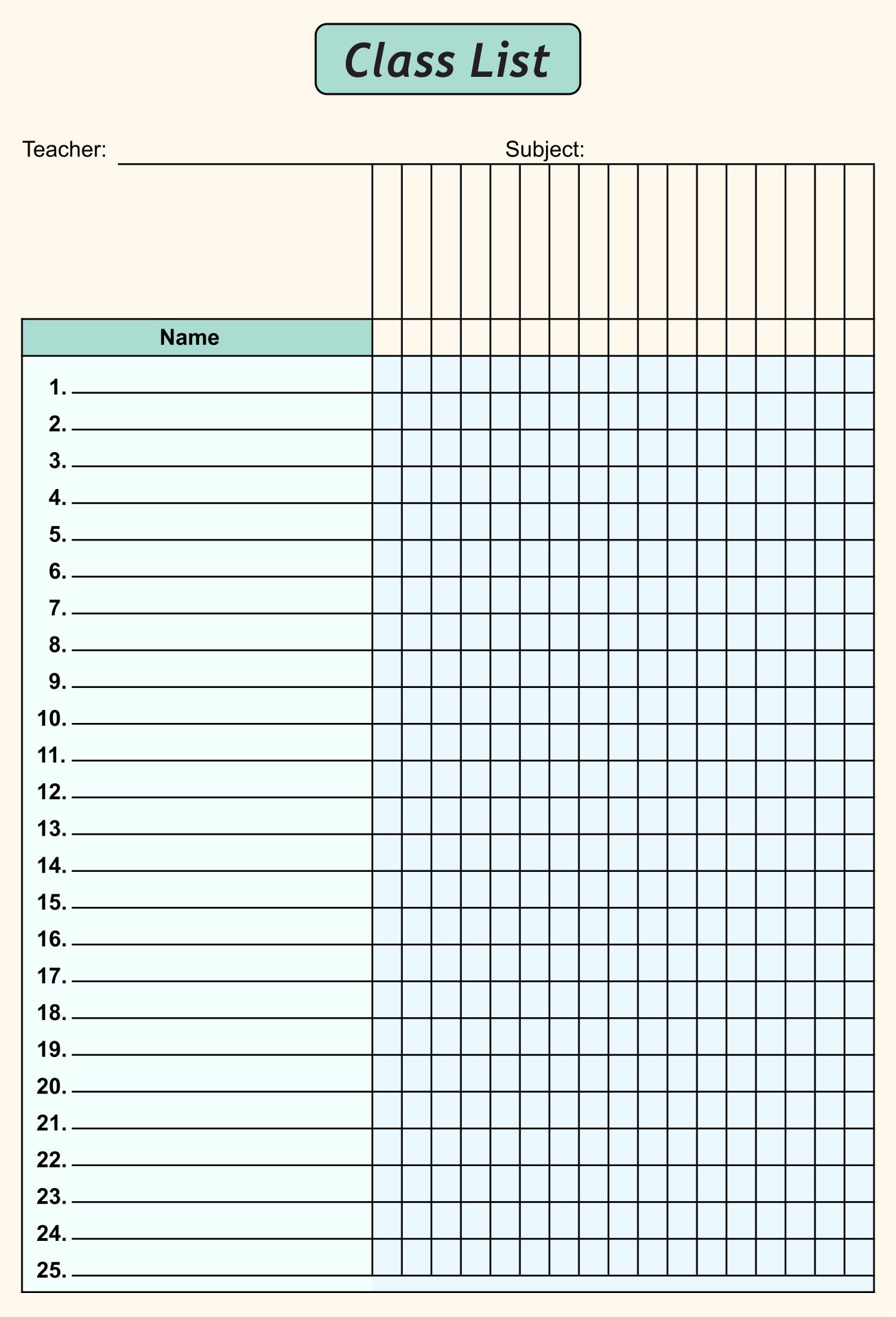 Printable Class List Form Printable Forms Free Online