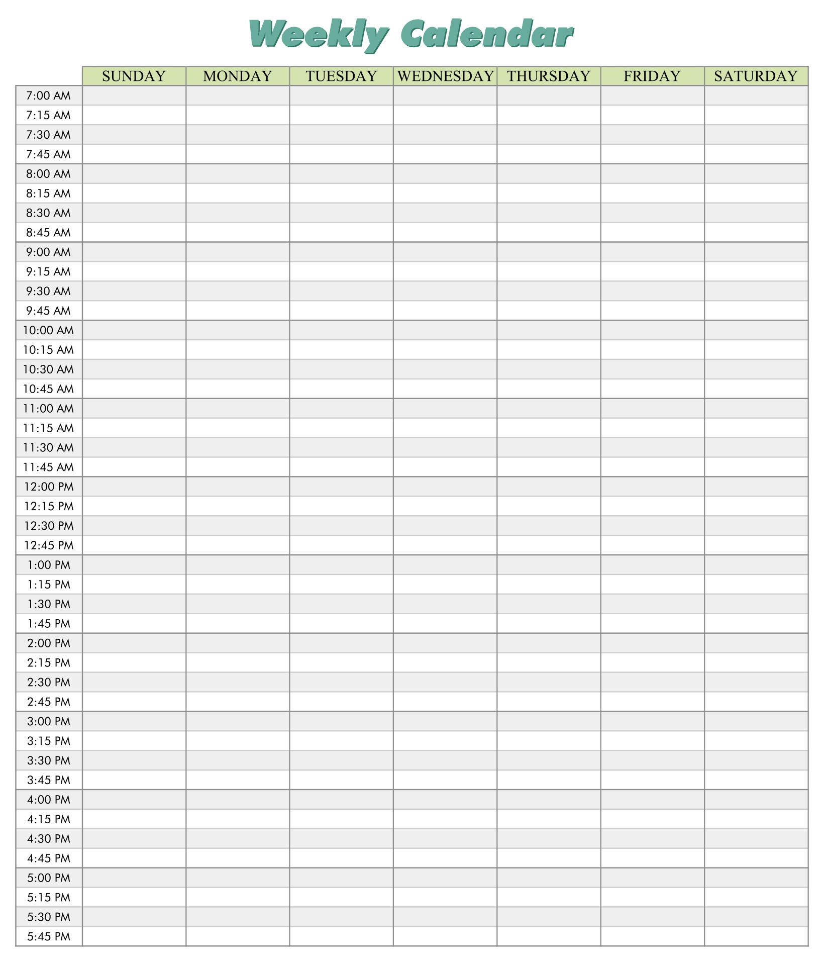 Printable Weekly Calendar With 15 Minute Time Slots Calendar Template 