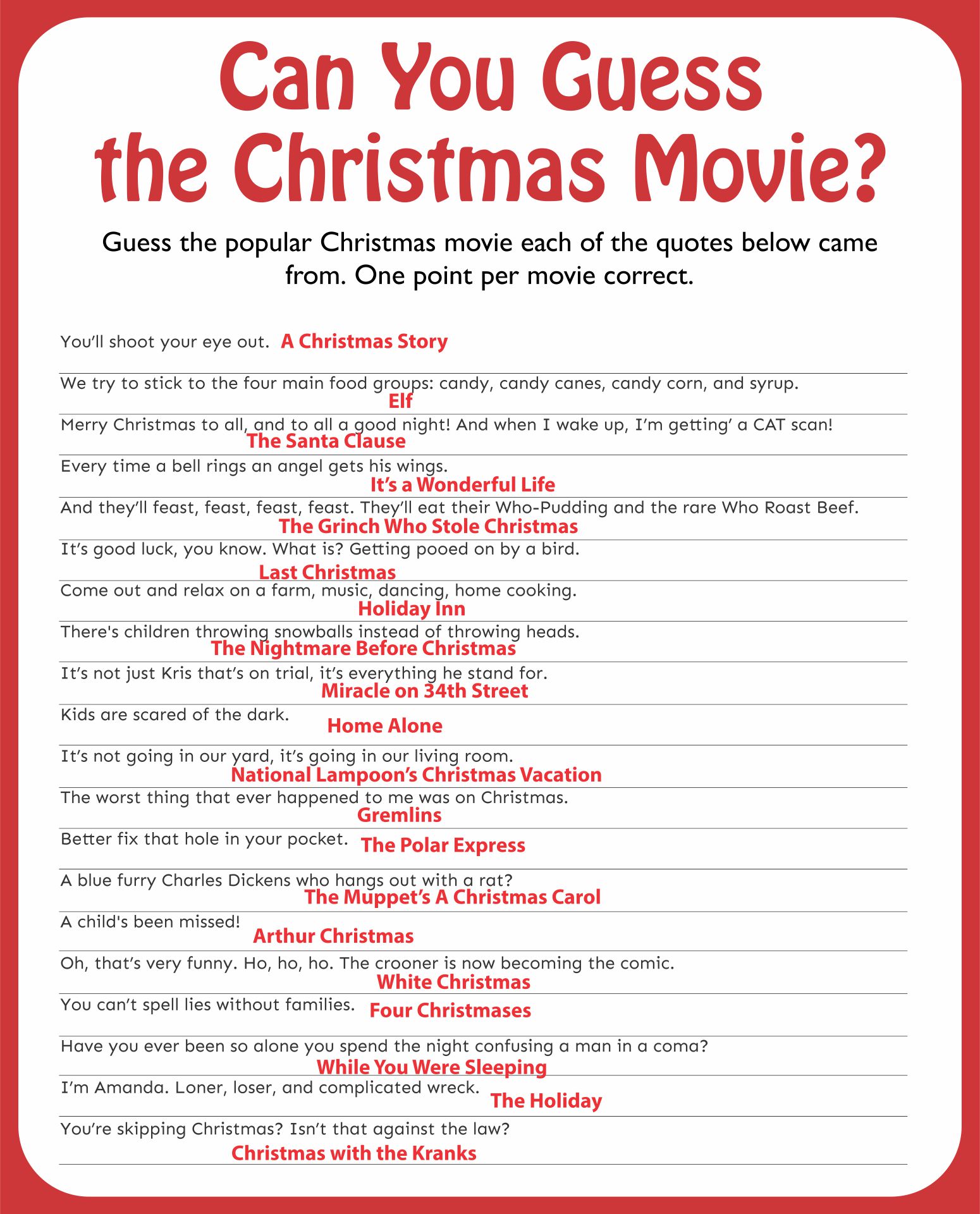 Christmas Movie Trivia Free Printable